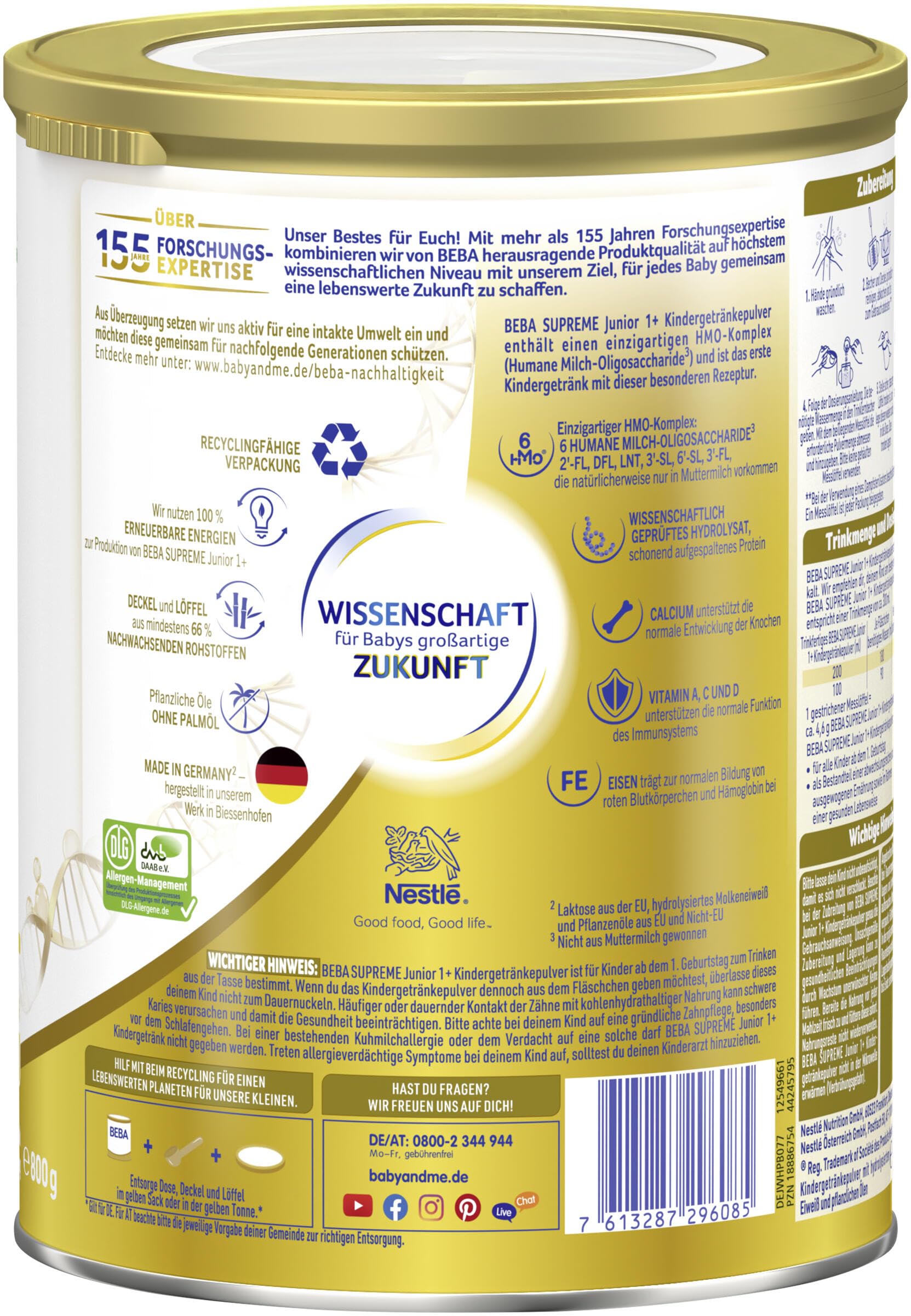 BEBA SUPREME JUNIOR 1 Plus - Kindergetränk ab dem 1. Geburtstag, Mit 6 HMO Komplex, Nur Laktose, Ohne Palmöl, Ohne Fischöl, Kleinkindnahrung, Baby-Milchpulver, 6er Pack (6 x 800g)