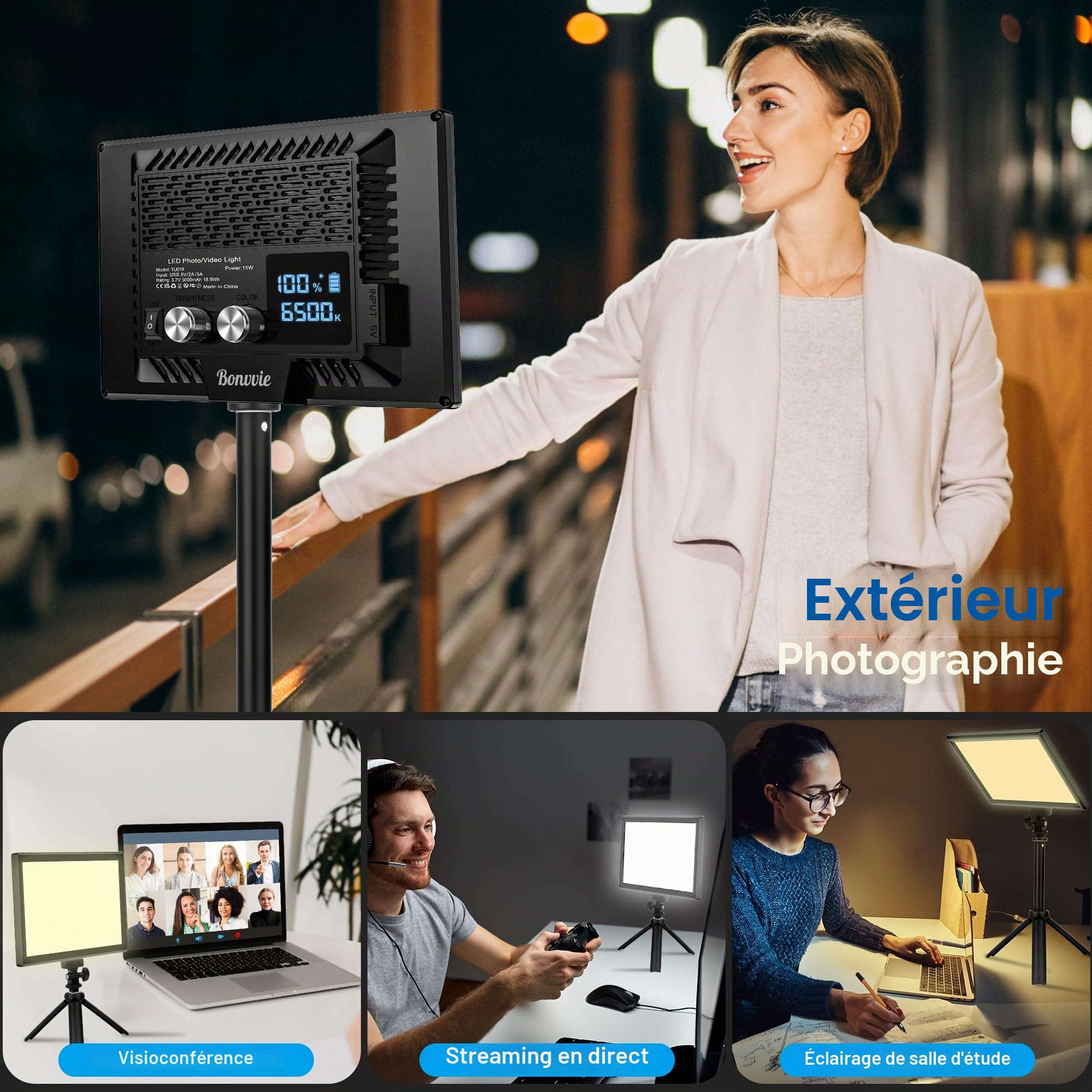 Kit d'éclairage Vidéo LED, Lampe pour Caméra 9" avec Batterie 5000mAh, 3000-6500K IRC 97+, Lumière Douce pour Prises de Vue en Studio et en Extérieur,Vlogs,Appels Zoom,Diffusions en Direct (Améliorée)