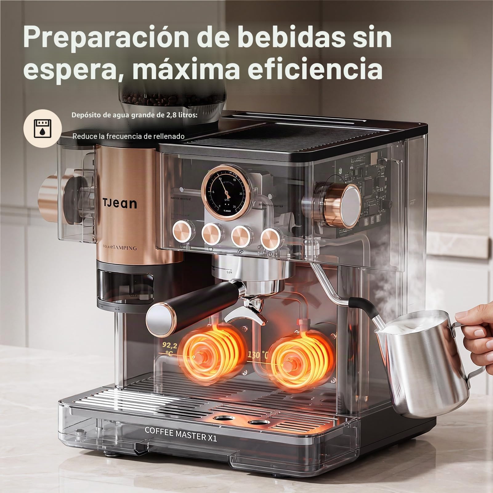TJEAN Barista Senso – Cafetera Doble Bomba para Café en Grano con Molinillo Integrado, Espresso, Latte y Capuchino con Sistema de Tampado Inteligente, Espumador de Leche Manual (Negro Rosa)