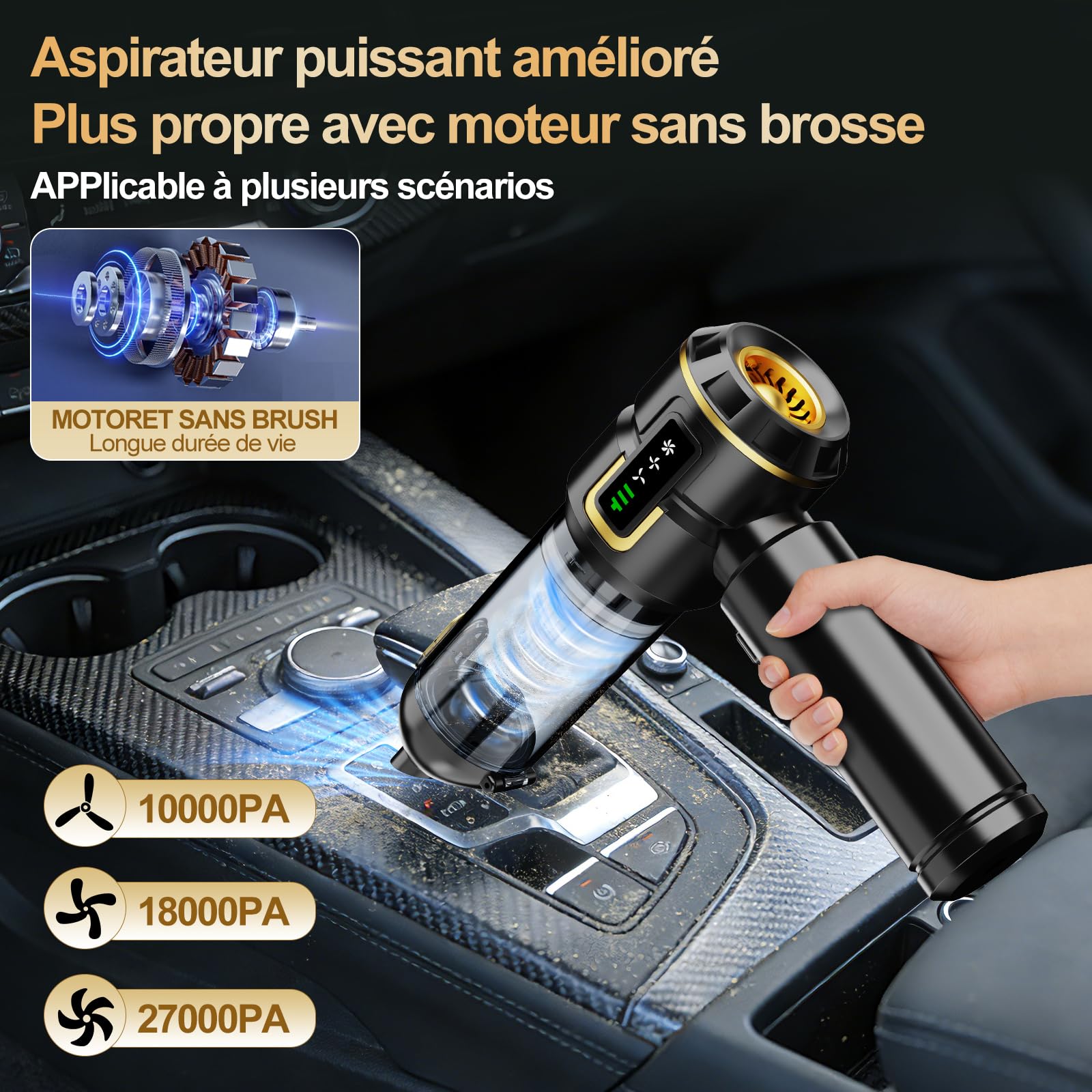 Weetiee Aspirateur à Main, 27000Pa Aspirateur Voiture Puissant avec Affichage LED, Aspirateur Rechargeable Moteur sans Balai 3 Vitesses, Aspirateur à Main sans Fil 4-en-1 pour Voiture Maison Poils d'A