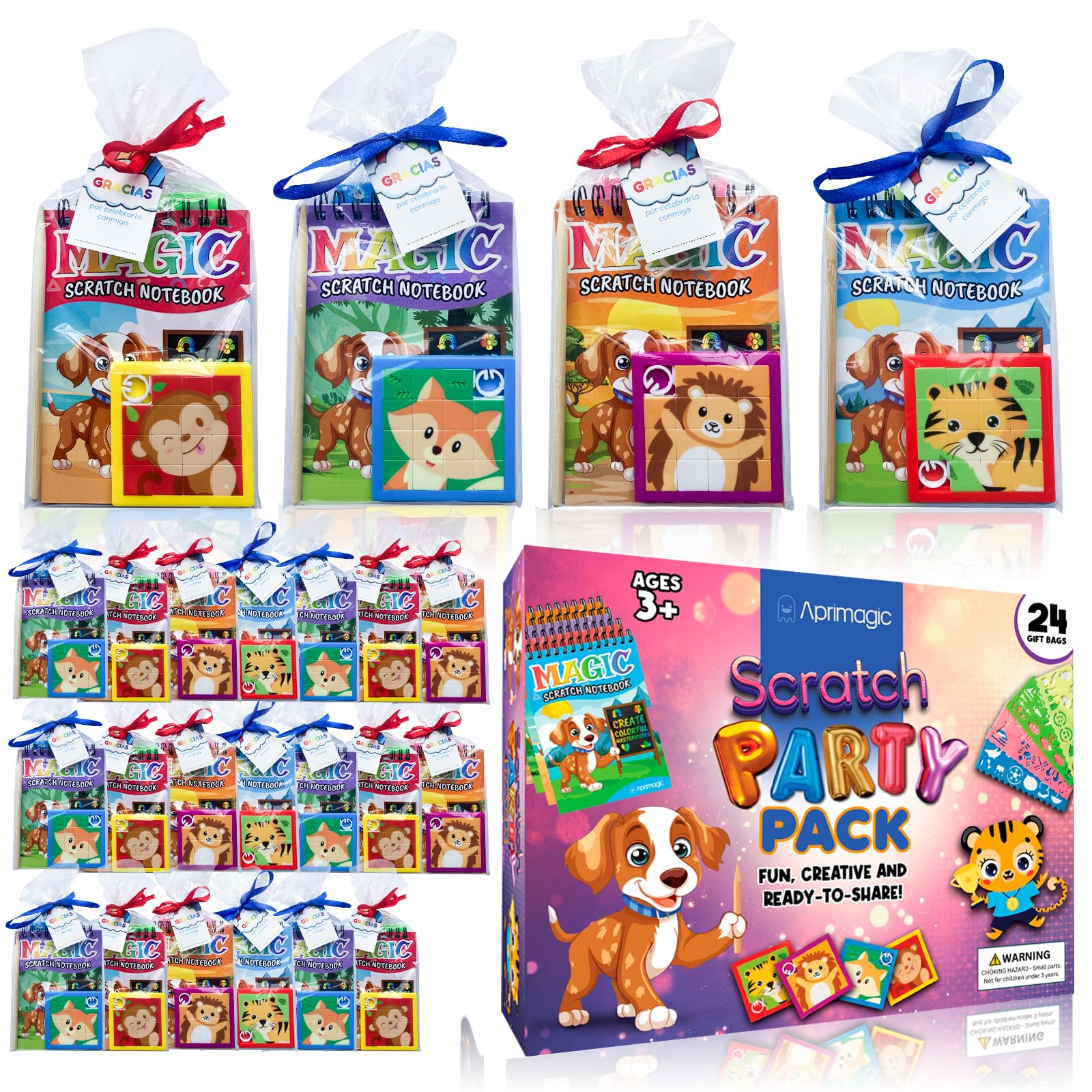 Pack 24 Libretas Scratch, Puzzles y Bolsas de Regalo - Regalos Cumpleaños Niños Colegio - Bolsitas Cumpleaños Infantiles - Detalles Cumpleaños Niños (24)