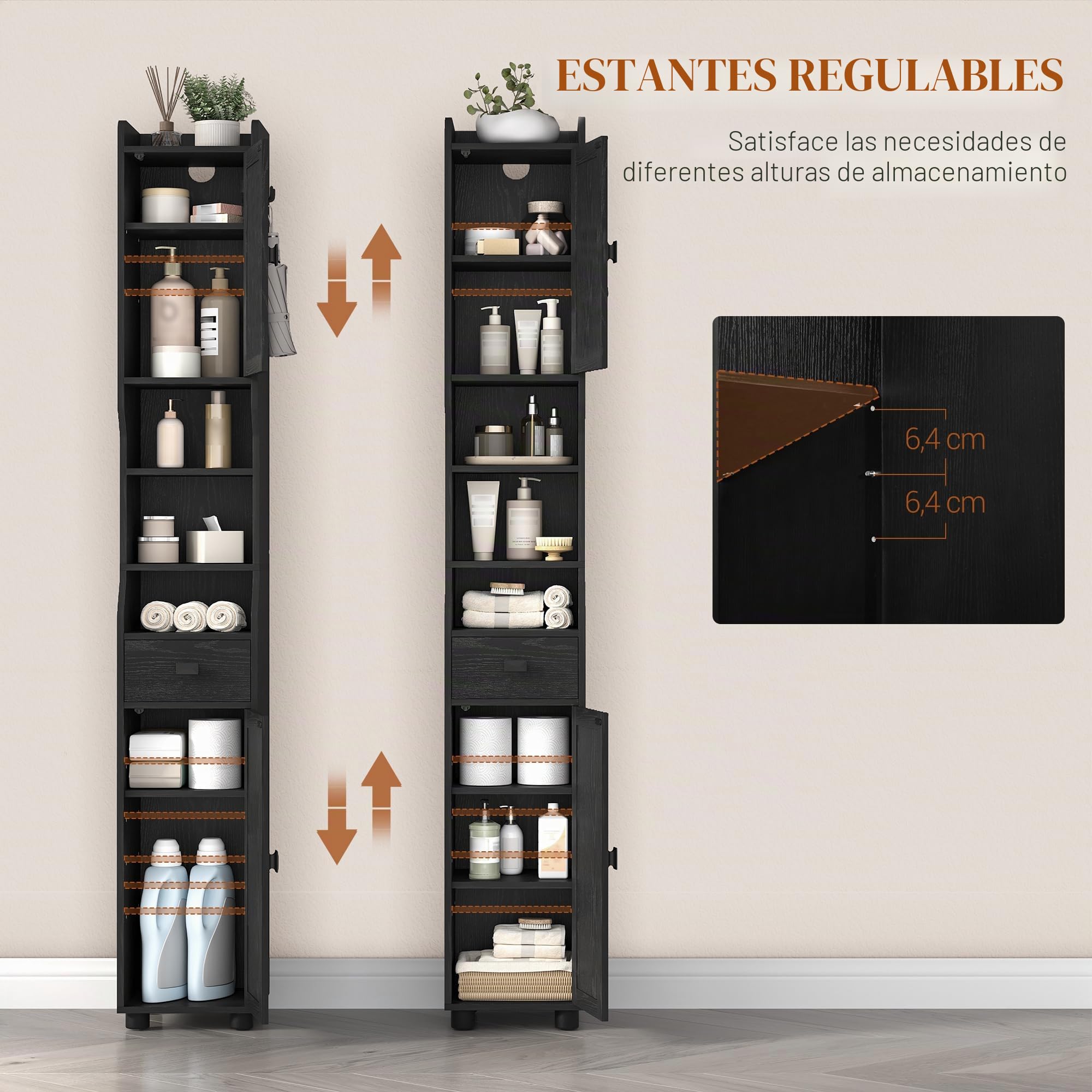 HEXCELEN Mueble de Baño Estrecho, Armario Alto de Baños con Compartimento Abierto y 2 Puertas, Estantes Ajustables, para Baño, Salón, Dormitorio, 28 x 28 x 180 cm, Negro
