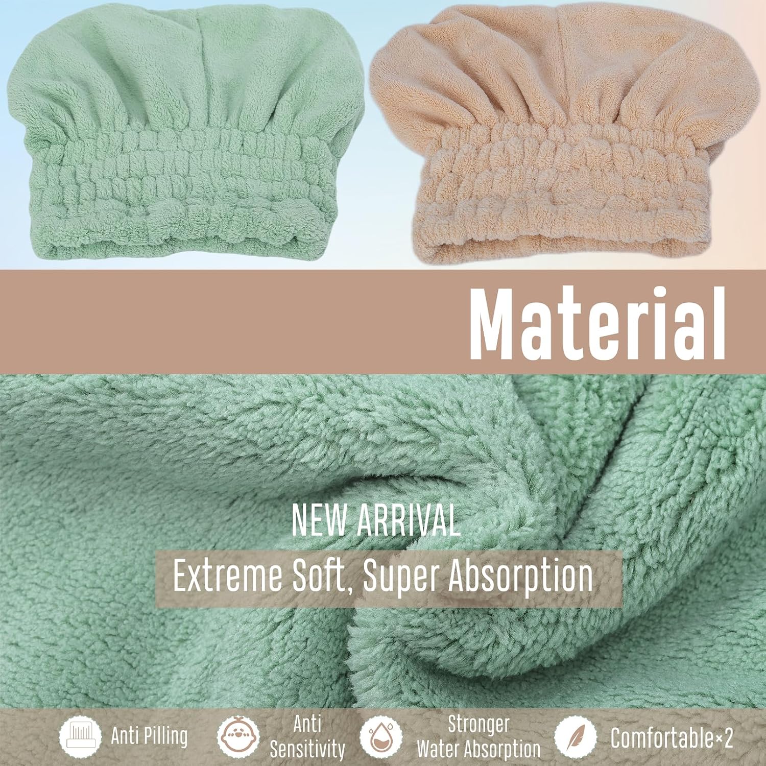 Microfiber Hair Drying Towel, 2 Pcs Fast Coral Velvet Absorbent Quick Dry Caps, Soft Towel for Women Wet Long Thick Hair (Khaki+Green)