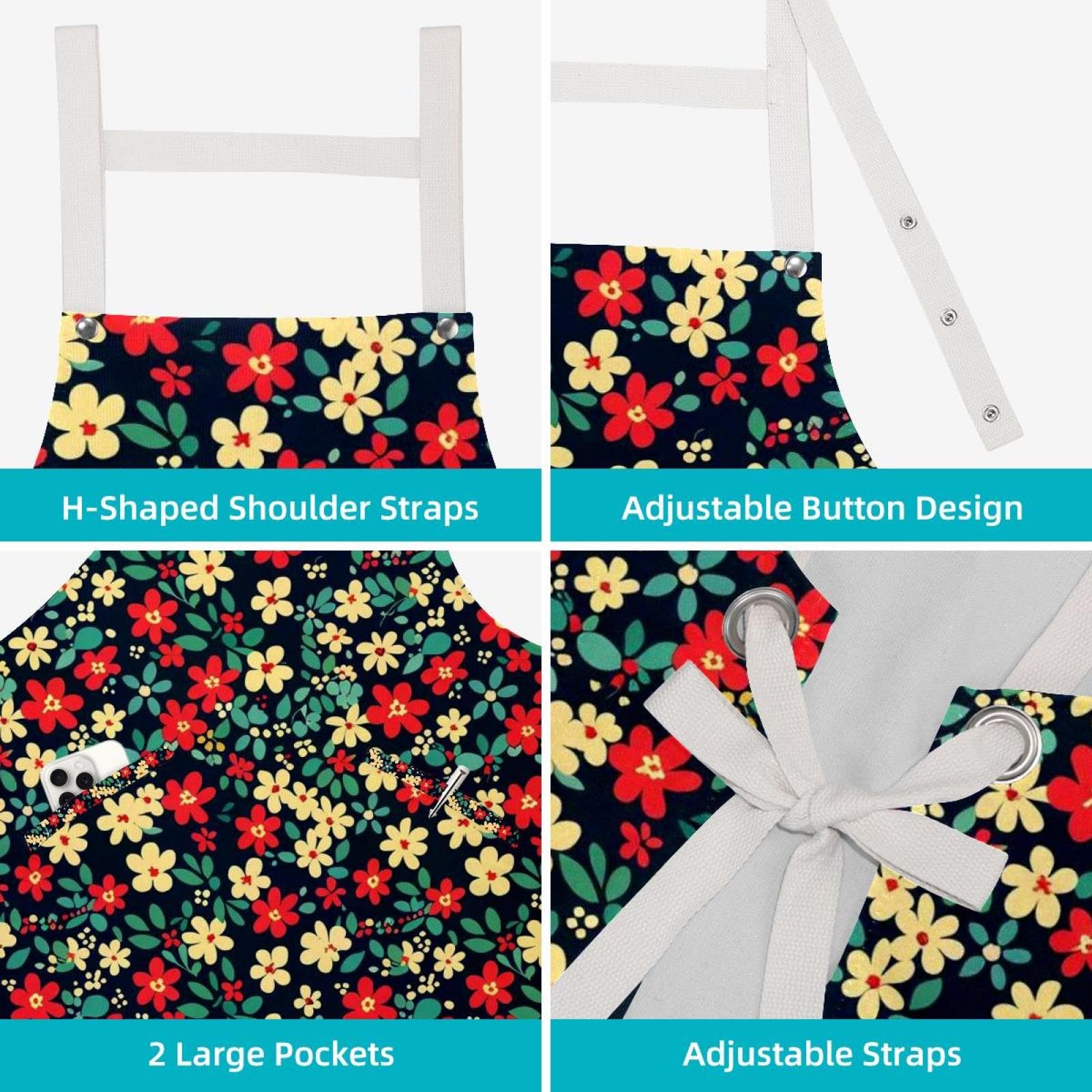Lot de 2 tabliers de cuisine doux et réglables avec 2 grandes poches pour homme et femme Motif floral Rouge/blanc, Fleurs rouges et blanches marguerites,