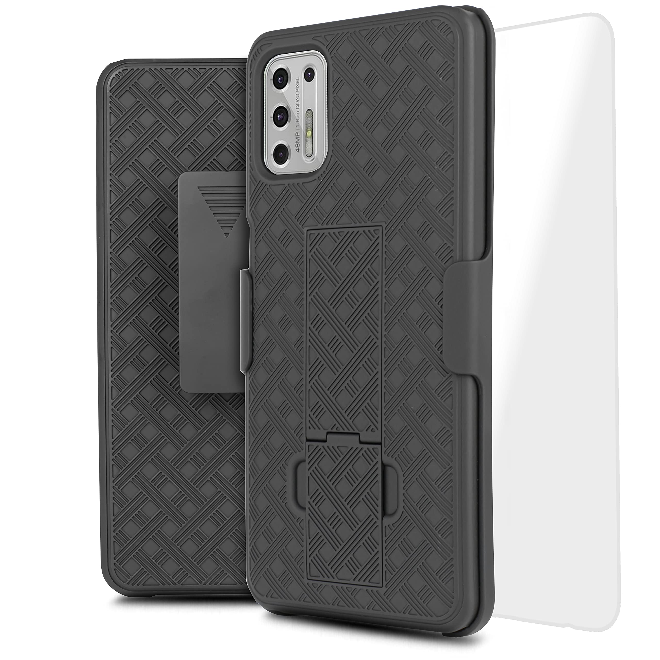 Designed for Motorola Moto G Stylus 2021 with Tempered Glass, Slim Shell Belt Clip Holster Kickstand Protective Hybrid Cover Heavy Duty Armor Defender Shockproof Rugged Phone Case (Black)