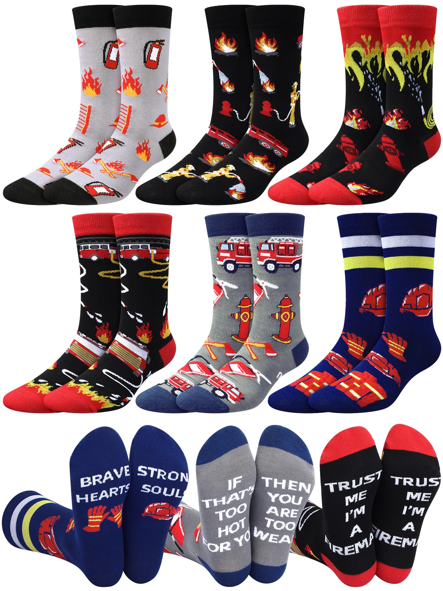 Eurzom 6 Pairs Novelty Fireman Gifts for Men Funny Cotton Crew Socks Valentine's Day Holiday Birthday Gift for Firefighter Dad Grandpa Boyfriend