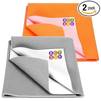 BeyBee Non-Toxic Quick Dry Sheet for New Born Baby|Anti-Piling Soft Fleece Bed Protector|Waterproof Extra Absorbent Mattress Protector for Infant (Grey+Peach, Small Combo) - 2 Count - image, photos