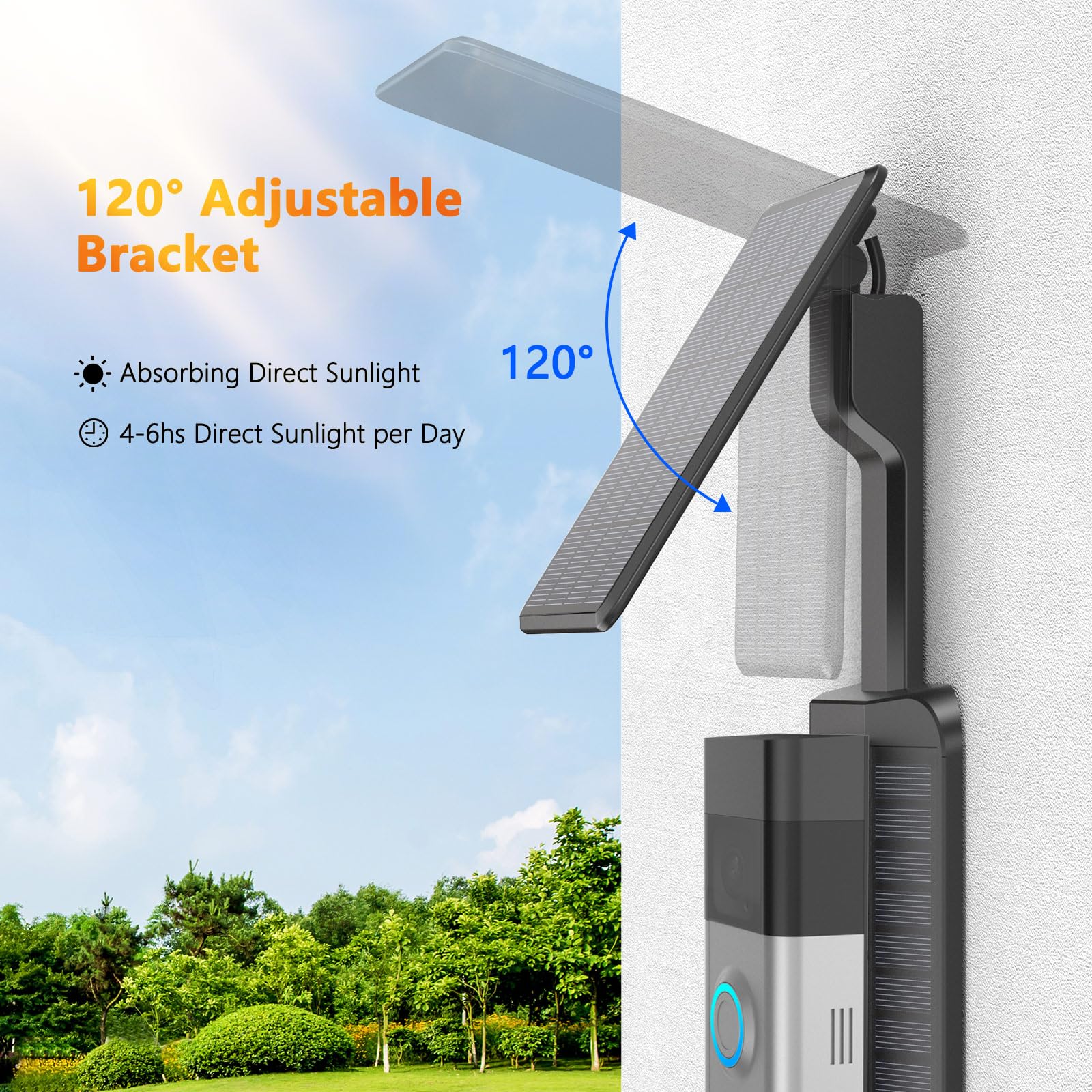 QIBOX - Cargador solar compatible con Ring Video Doorbell 3/3 Plus/4/Battery Doorbell Plus/Battery Doorbell Pro, 2.9W ajustable y eficiente soporte de panel solar para cámara de timbre