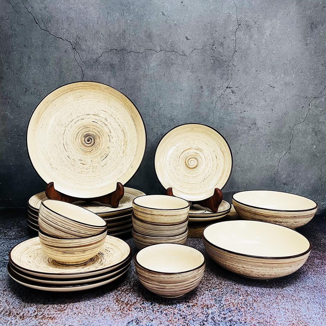 THEARTISANEMPORIUM Ceramic Iris Beige Dinner Set 20 Pieces With Serving Bowls - 6 Dinner Plates, 6 Katoris, 6 Side Plates & 2 Serving Bowls (Serving For 6, Microwave Safe, Solid)