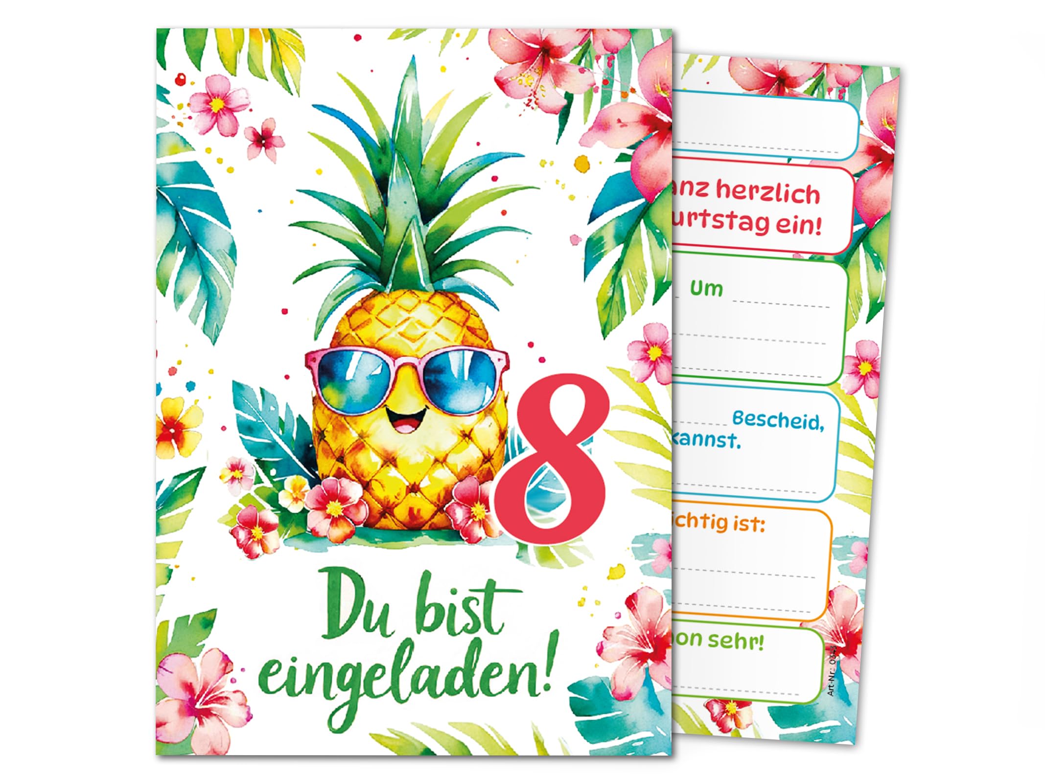 Junaversum 8 Einladungskarten zum 8. Kindergeburtstag Mädchen Ananas Kinder Sommer coole bunte Einladungen achte Geburtstag Geburtstagseinladungen Kids