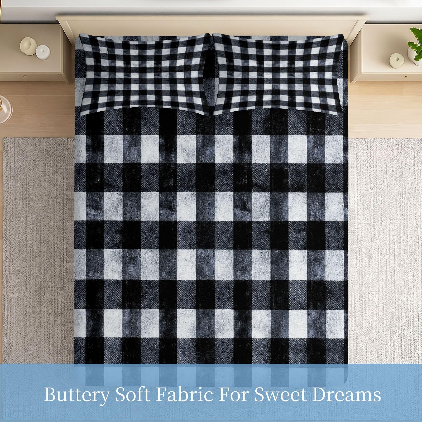 Spannbettlaken Modern Bettlaken 160 x 200 cm Weiche Atmungsaktive Mikrofaser - Schwarz Geometrie Karomuster Karo Spannbetttuch für Boxspringbett & Wasserbett Schlafzimmer Dekor, Steghöhe 30 cm