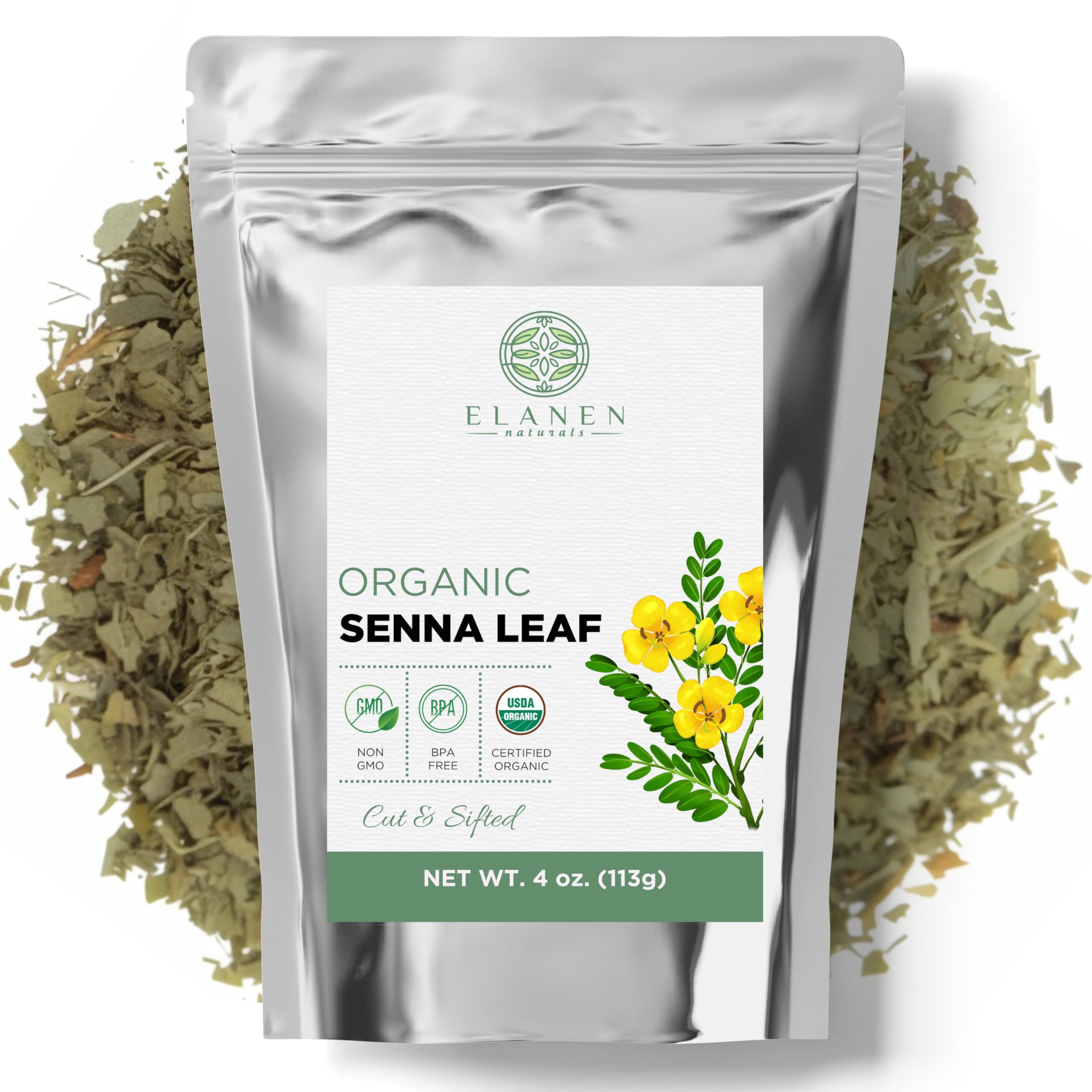 Elanen Naturals Organic Senna Leaf 4 oz. (113g), USDA Certified Organic Senna Tea Leaves, Alexandrina Herb, Folium Sennae, Sene, Hoja de Sen, Seena Leaf, Cut & Sifted