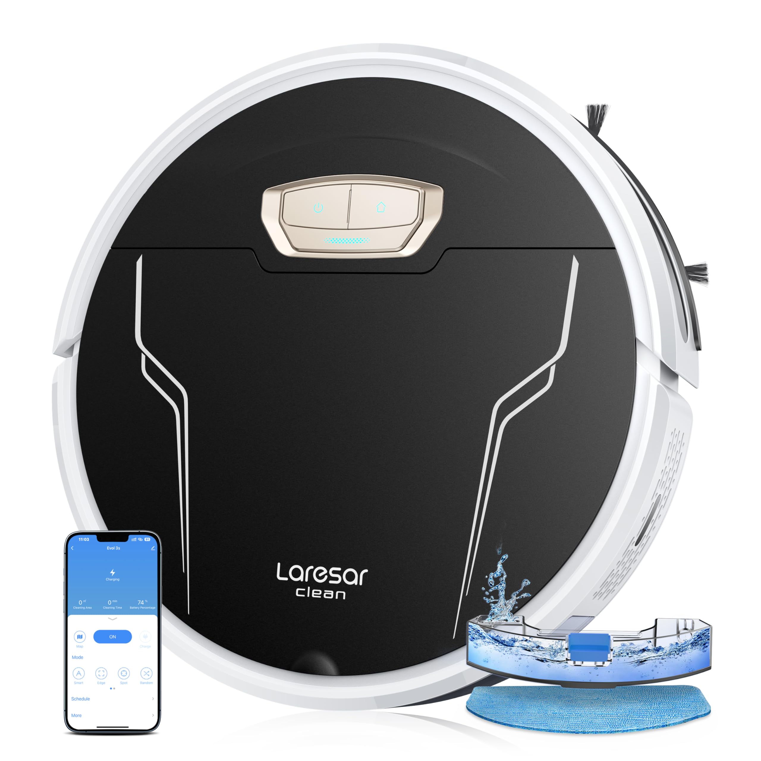 Laresar Clean Aspirapolvere Robot Evol 3S, Robot Aspirapolvere Lavatore 4000Pa con Boost Auto per Tappeto, Ultra Sottile e Silenzioso, Peli di Animali, 3 in 1, Multi-superficie