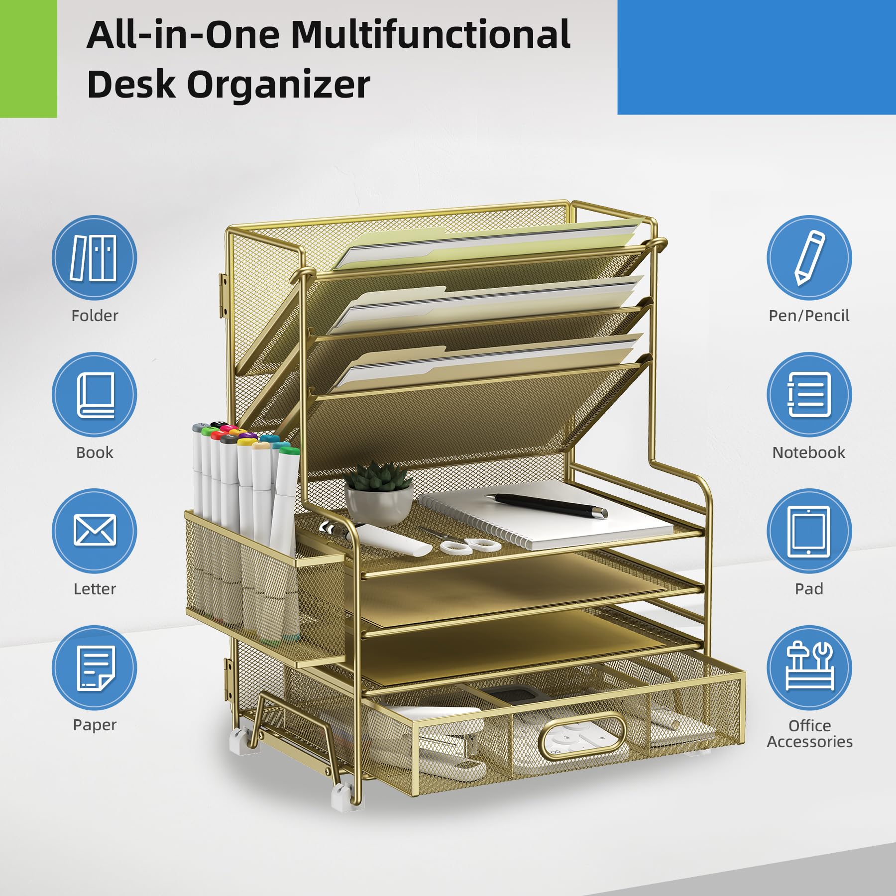 MINDEPOT Organizer per carta a 4 livelli + 3 tasche portadocumenti + cassetto + portapenne, organizer per documenti da scrivania per forniture per ufficio, scuola, organizzazione in classe (oro, con