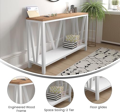 Miniatura 5 de BizChair Mesa consola de granja de 2 niveles, marco de madera de ingeniería con acabado cepillado lavado, mesa con acabado de roble cálido, para