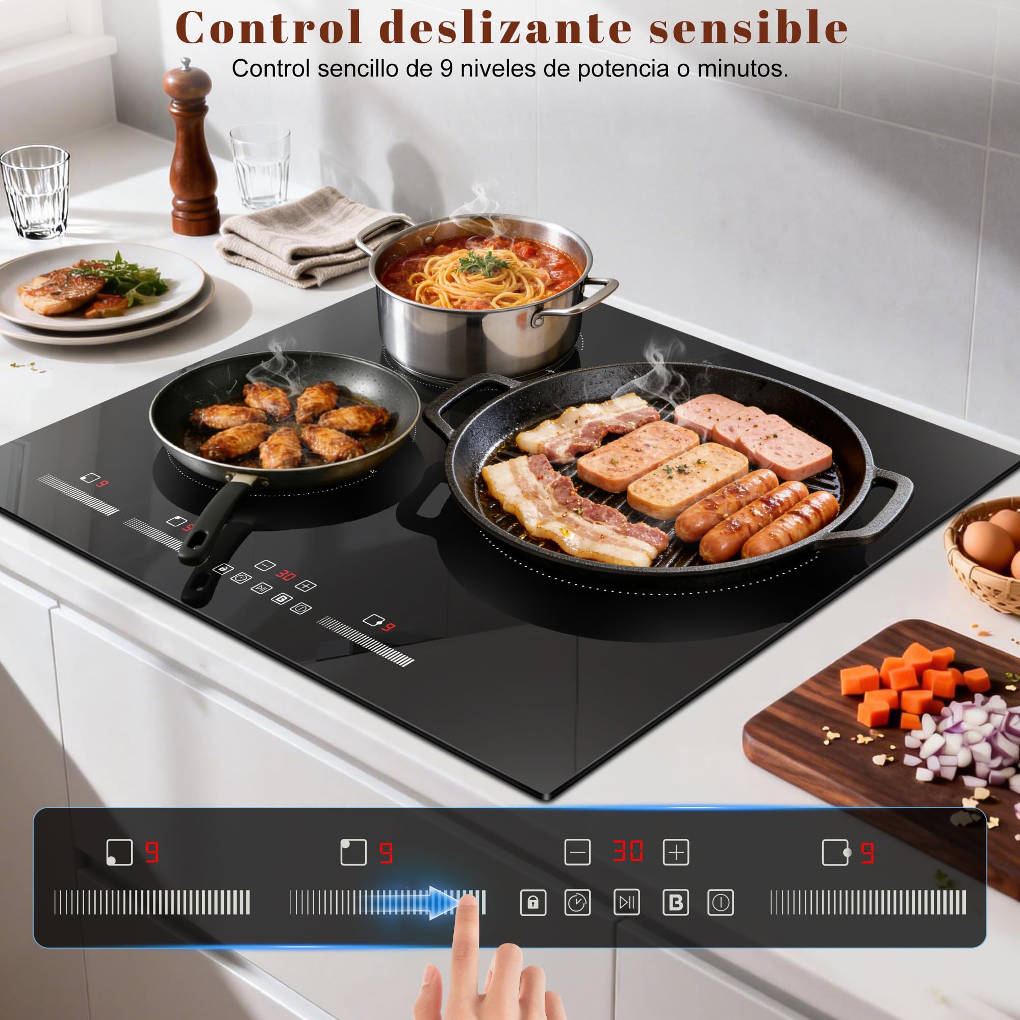 Placa de Inducción 3 Fuegos, Cocina de Inducción Empotrable, 60 cm, 6500W | Control Táctil, Seguridad Infantil, Potenciador, 9 Niveles de Calor, Temporizador
