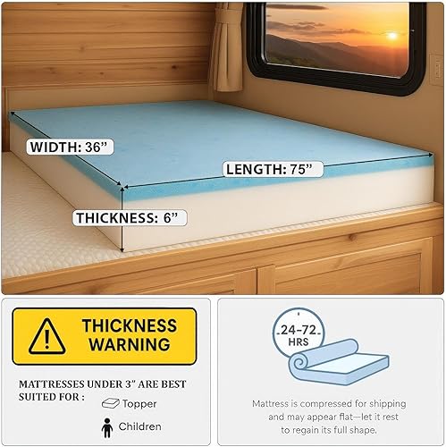 Miniatura 2 de Foamma 6.0 x 36.1 x 76.3in, camper, RV Travel Visco Gel Visco Espuma de Visco Colchón de Sustitución, fabricado en Estados Unidos, cómodo, remolque