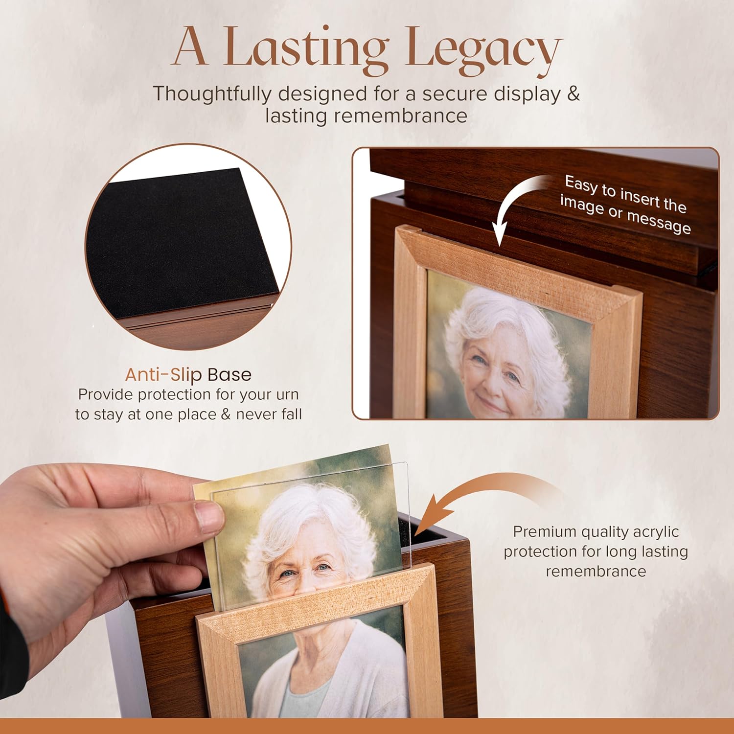 Walnut Wood Urns for Human Ashes – Large Adult Cremation Urn with Photo Frame – Memorial Funeral Urn Box for Ashes, Solid Wooden Urn with Velvet Bag