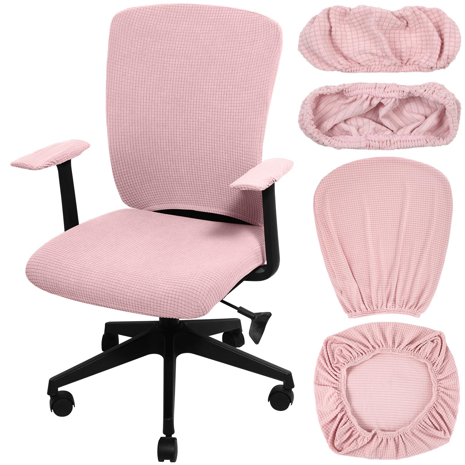 Tallew 4 Pieces Office Chair Covers Set Computer Universal Protective Stretchable Chair Seat Covers Desk Armrest Slipcovers Pads Office Cushion Backrest for Rotating (Polyester,Pale Pink)
