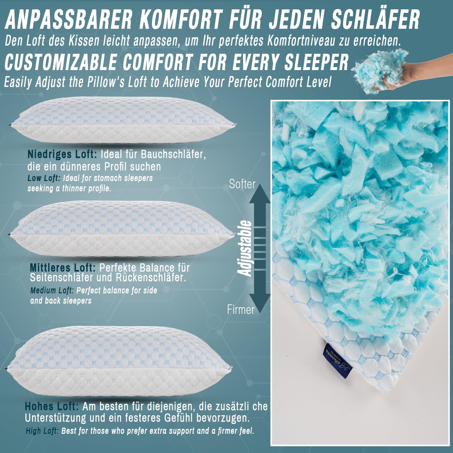 Alkamto Verstellbares Gelkissen – 73x48cm Kühlendes Memory Foam Kopfkissen mit Doppelseitigem Ice Silk & Viskose Bezug – Ideal für Rücken-, Bauch- und Seitenschläfer – Queen Size für erholsamen Schlaf