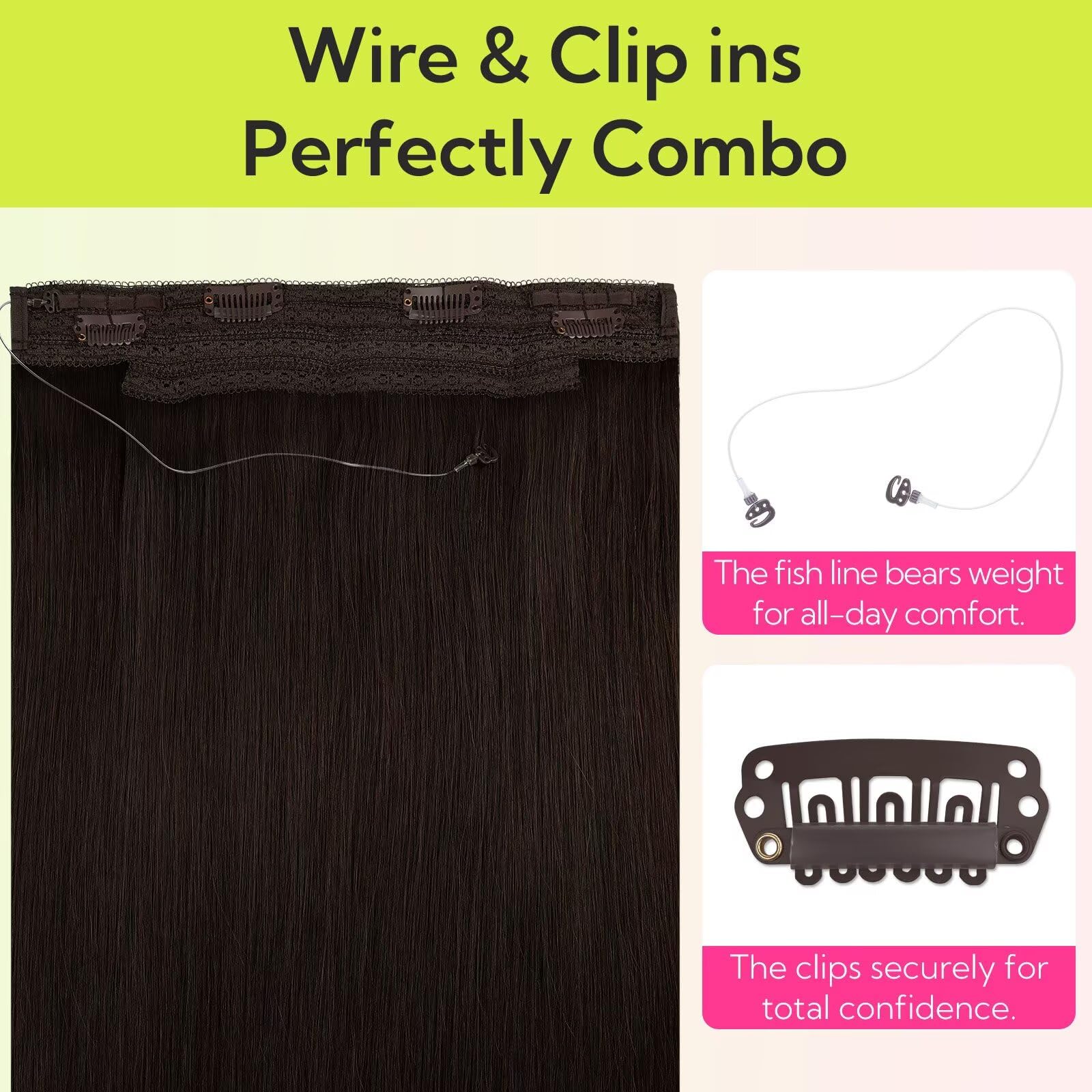 hotbanana Extension Capelli Veri con Filo Invisibile, 45cm 95g Marrone Chiaro Scuro Capelli Umani Remy Lisci, Invisible Wire Hair Extensions, Extension in Capelli Veri Invisibles