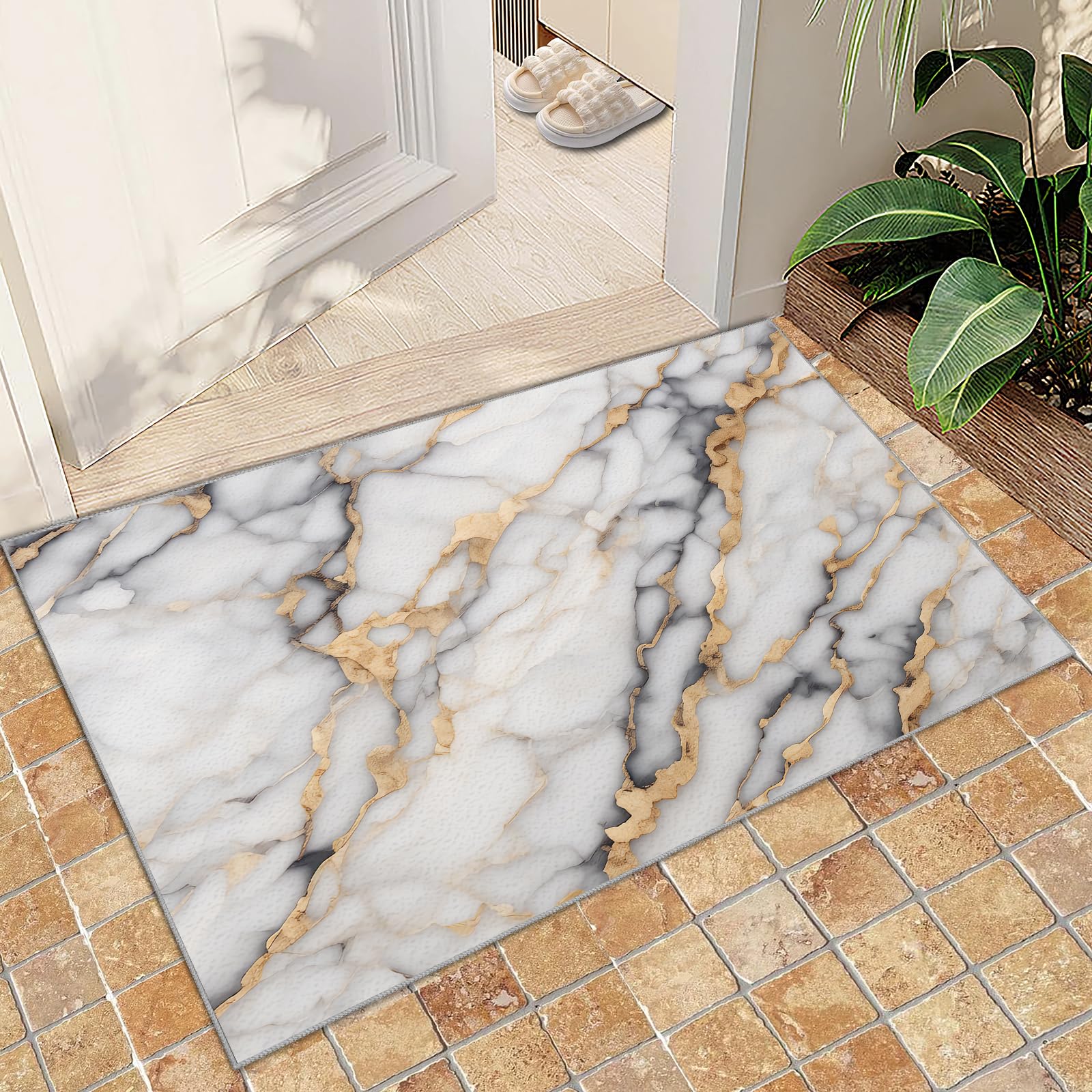 QDJKBL Entrance Rug 50 X 80 Cm Luxury Black and White Marble Texture, 3D Gold-Plated Crack Line Printing Doormats, Floor Mats Machine Washable for Front Back Door Foyer — image 1