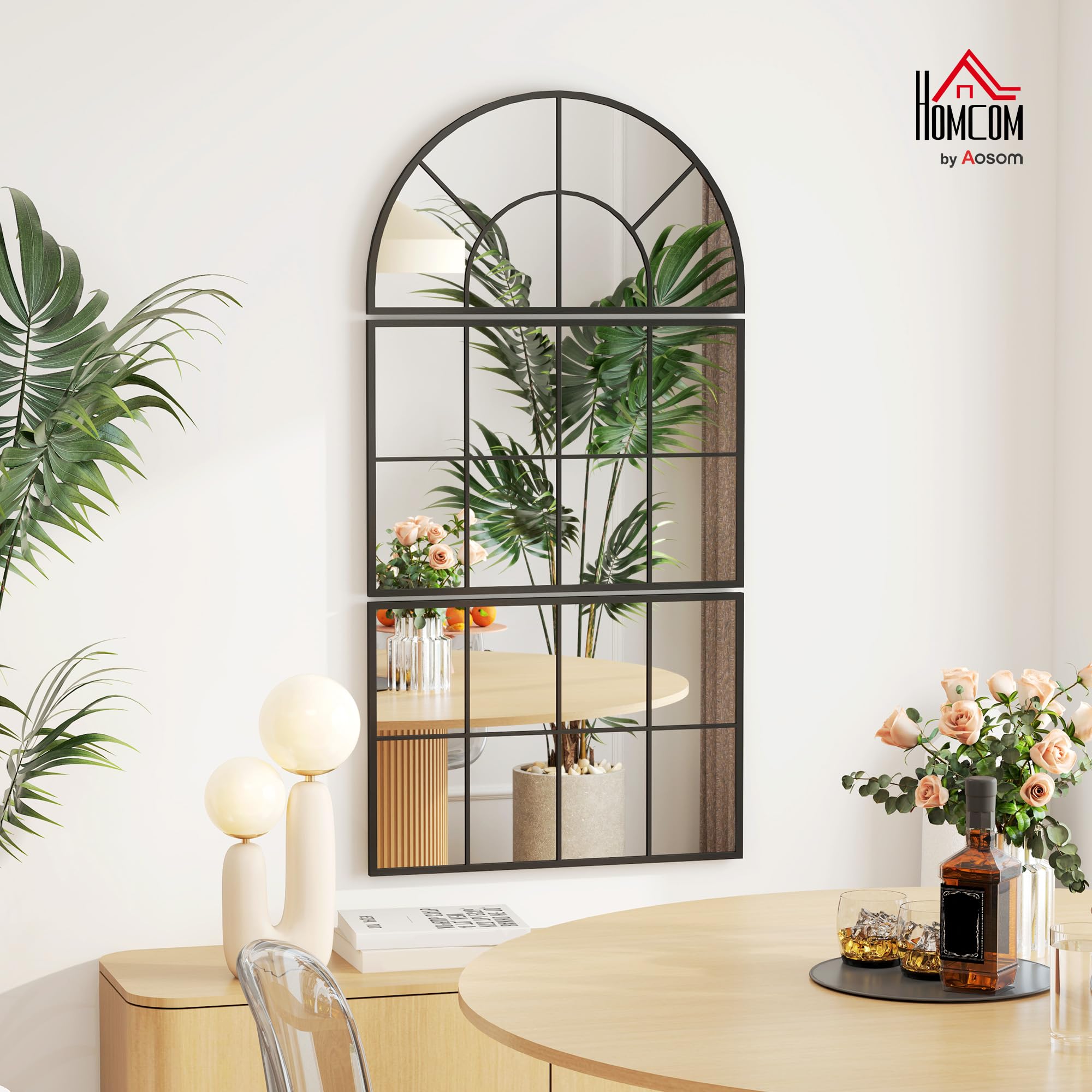 HOMCOM Espejo de Pared, 76x149 cm, 3 Piezas, Espejo de Recibidor con Marco de Metal en Forma de Ventana, Decoración para Salón, Dormitorio, Entrada, Negro