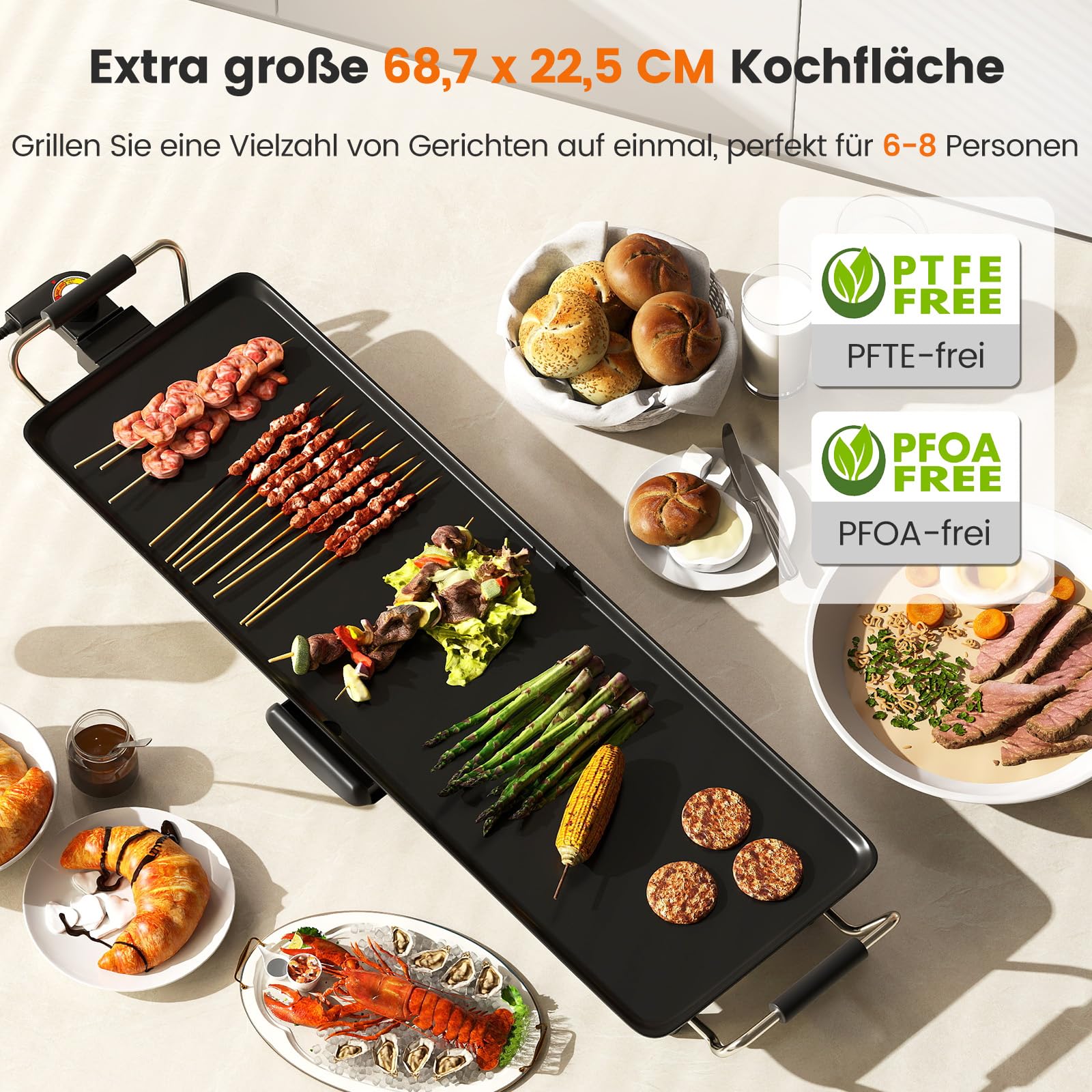 RELAX4LIFE Tischgrill elektrisch, 68,5 x 22,5 cm extra lange Teppanyaki-/Plancha-Grillplatte, Elektrogrill mit Antihaftbeschichtung & 4-stufige Temperaturregelung, 1400W, für BBQ, Familienessen, Party