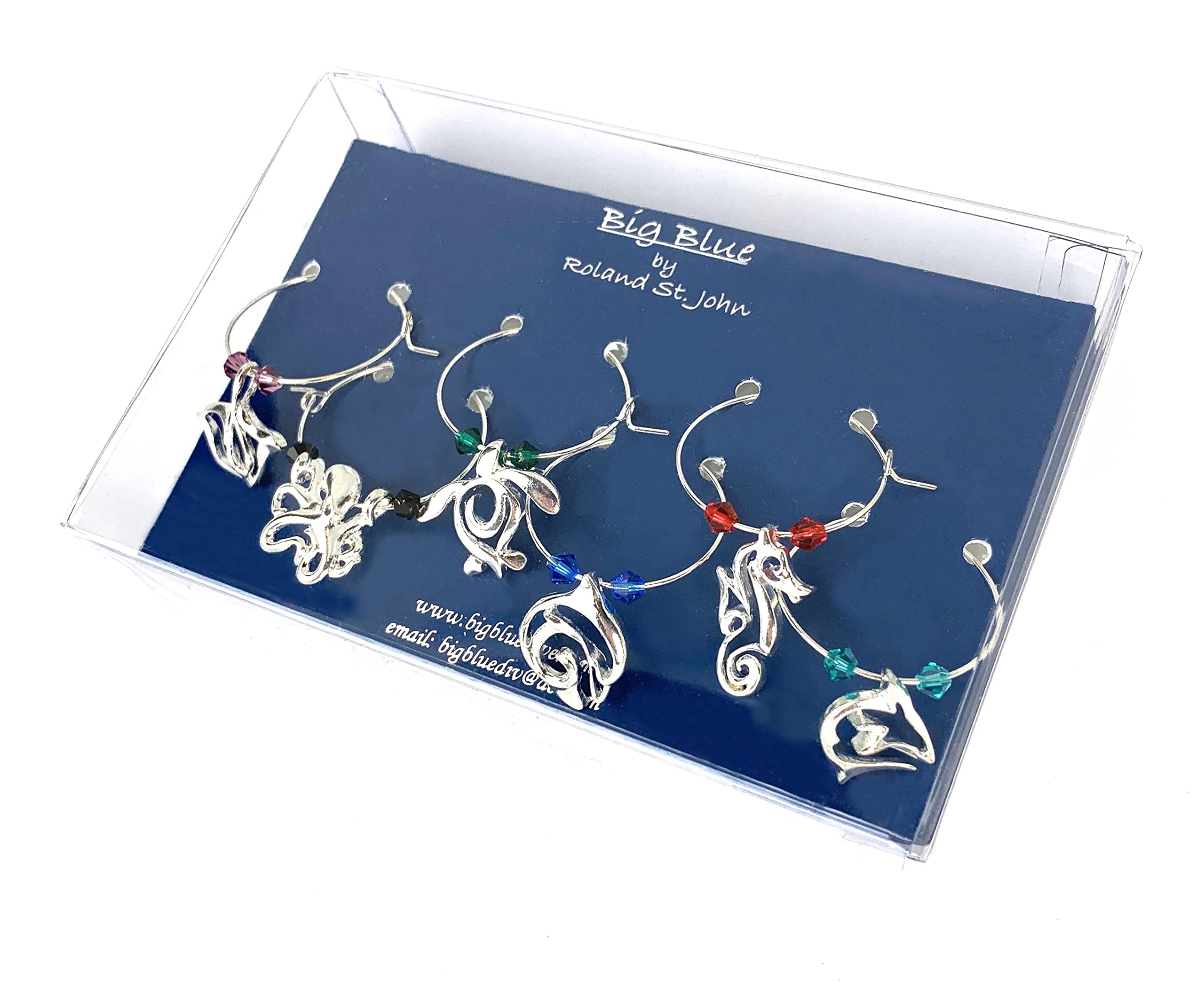Big Blue by Roland St John Wine Glass Charms, Sea Life Wine Charms, Scuba Divers Gift Set, Ocean Theme Wine Glass Sea Life Charm Markers Gift Set