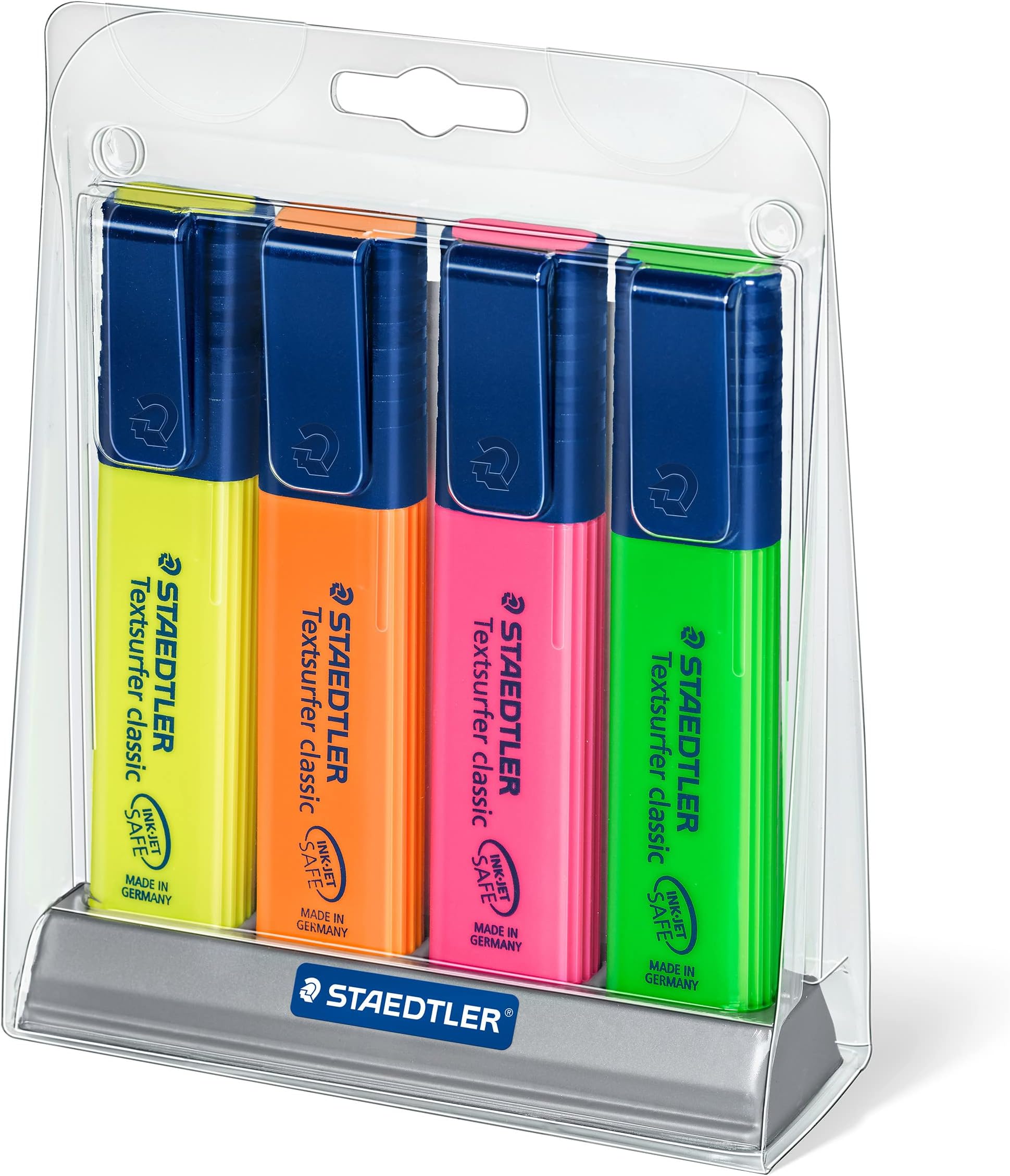 Textsurfer Classic Highlighters - 4 Colors Rainbow Set with Stand, Ultra-Soft Chisel Tip, Fast-Drying Ink, Large Reservoir for Extended Use
