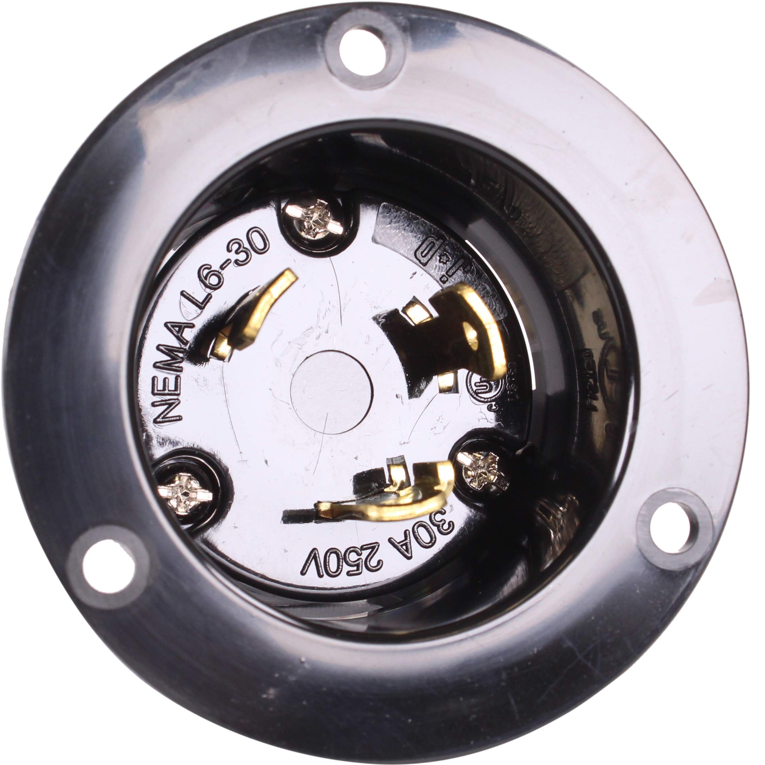 Journeyman-Pro 2625, NEMA L6-30 Flanged Inlet Generator Plug, 30A 250 Volt, Locking Receptacle Socket, Black Industrial Grade, Grounding Welding/