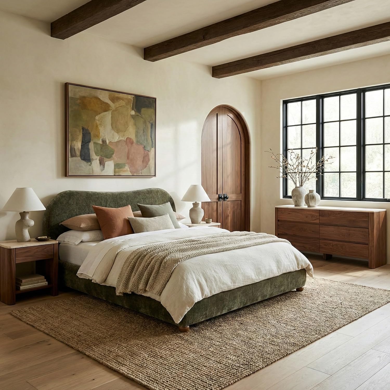 SAFAVIEH Couture - Beccarose Queen Bed - Contemporary Design - Dark Green Chenille & Walnut Legs - Ideal for Bedroom, Guest Room, 70.5" W x 88" D x 45" H (SFV4811H-Q)