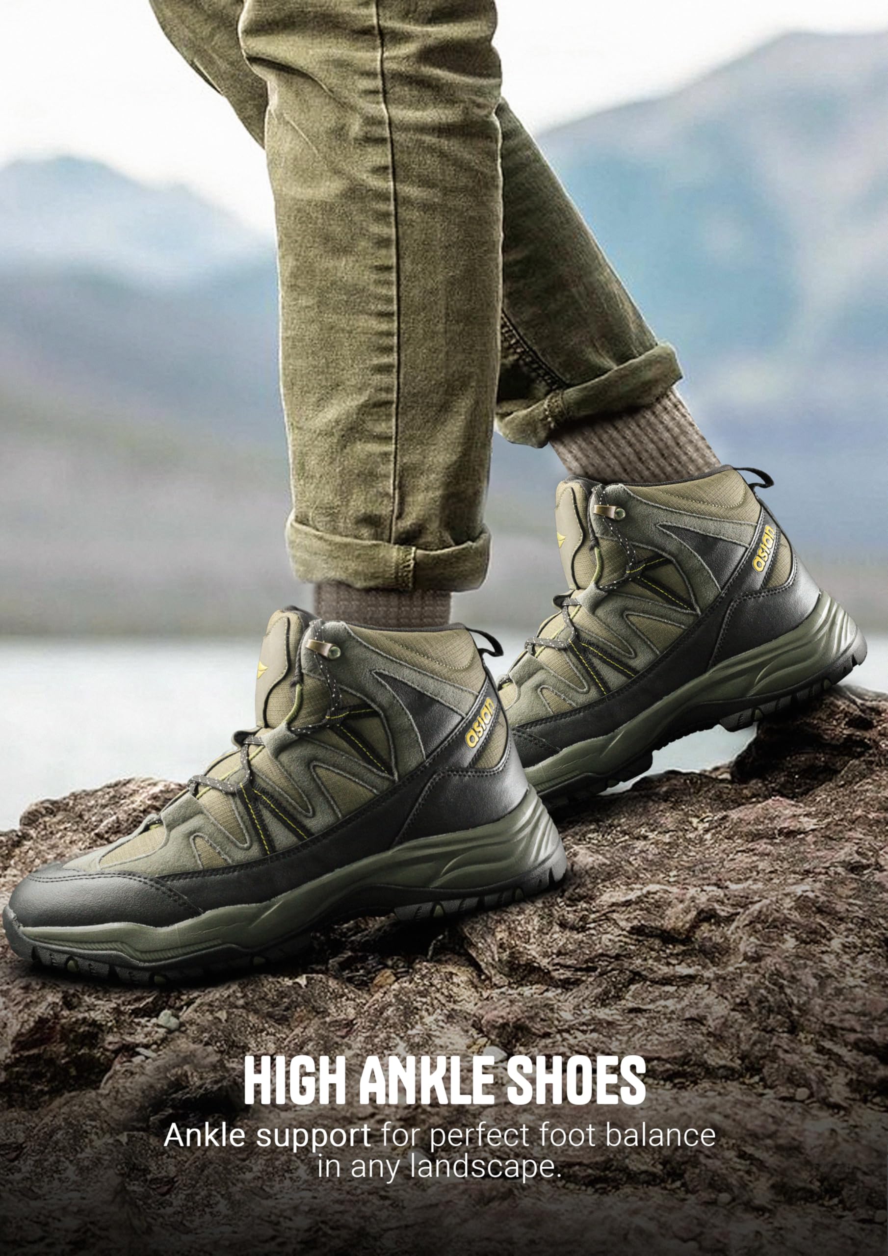 ASIAN Men's Everest-21 Sports Trekking & Hiking,Walking Hi-Neck Shoes with Rubber Outsole & Memory Foam Insole Lace-Up Shoes for Men's & Boy's Olive Black,UK 10 3