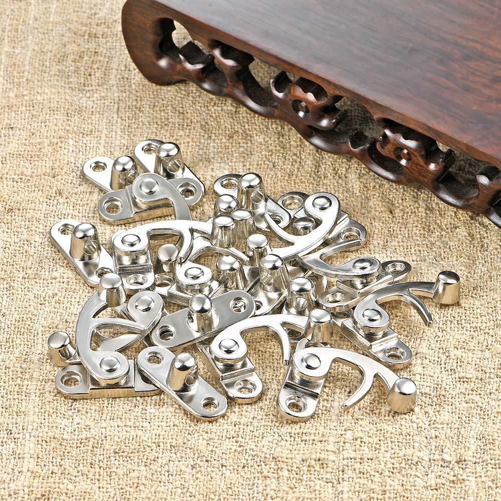 PGMJ 20 Pieces Thickened Solid Antique Right Latch Hook Hasp Horn Lock Wood Jewelry Box Latch Hook Clasp and 80 Replacement Screws (Silver) 1