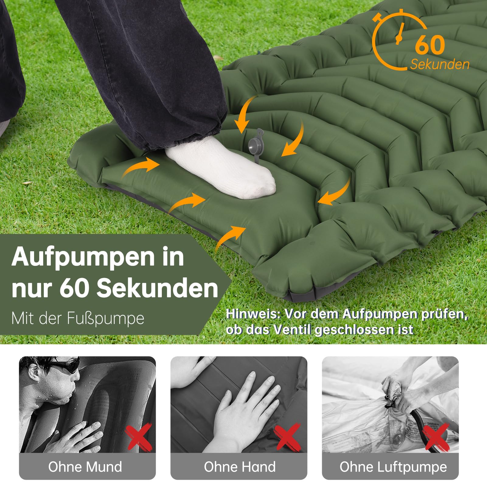 HAUSPROFI Isomatte Camping, Ultraleicht Camping Luftmatratze mit Fußpumpe & Kissen, Aufblasbare Matratze Kompakte und Leichte, Campingmatte für Wandern Strand Outdoor, Grün