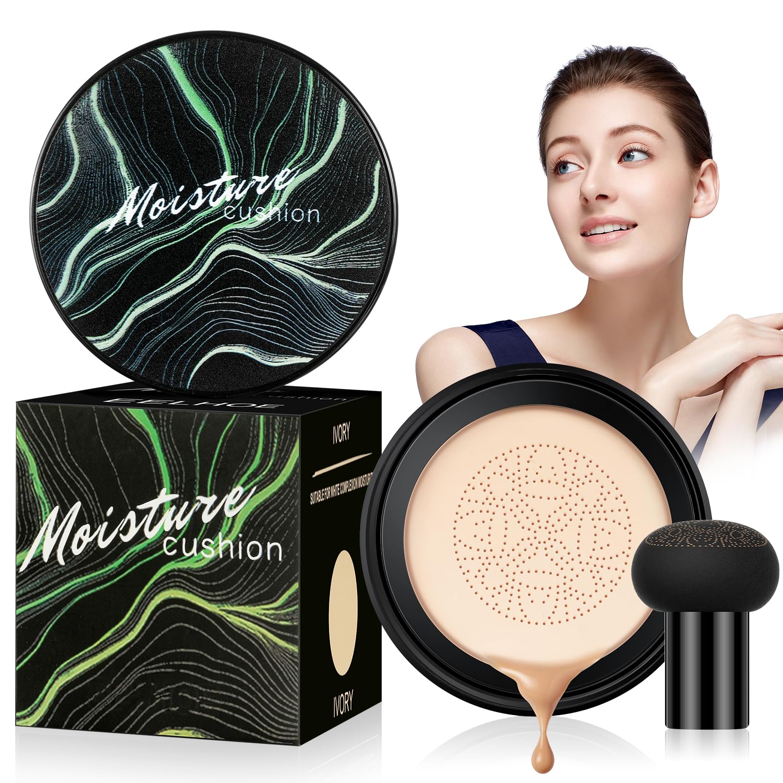 Poduszka powietrzna z głową grzyba CC Cream, Beauty Mushroom, kremowa poduszka powietrzna, podkład, korektor, krem BB, nawilżający, rozjaśniający, równomierny odcień skóry (kość słoniowa)