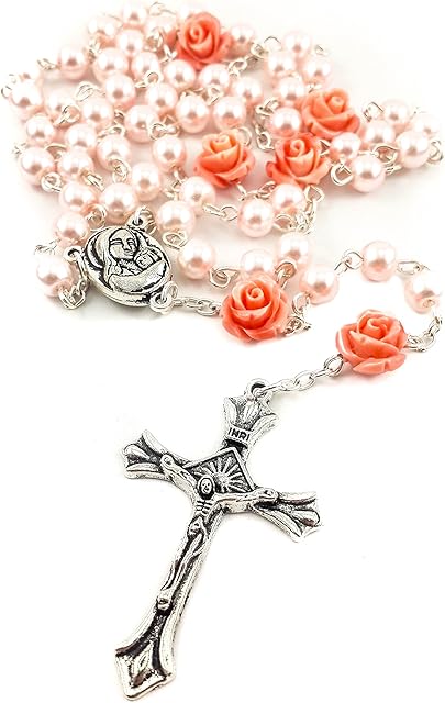 Nazareth Store Pink Pearl Beads Rosary Necklace Our Rose Flowers Bead Jerusalem Holy Soil Medal & Metal Cross - Velvet Bag