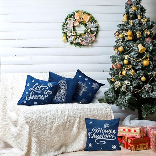 Miniatura 5 de Peryiter 4 fundas de almohada de terciopelo navideño, 18 x 18 pulgadas, decorativas, de terciopelo, copos de nieve, con diamantes de imitación, para