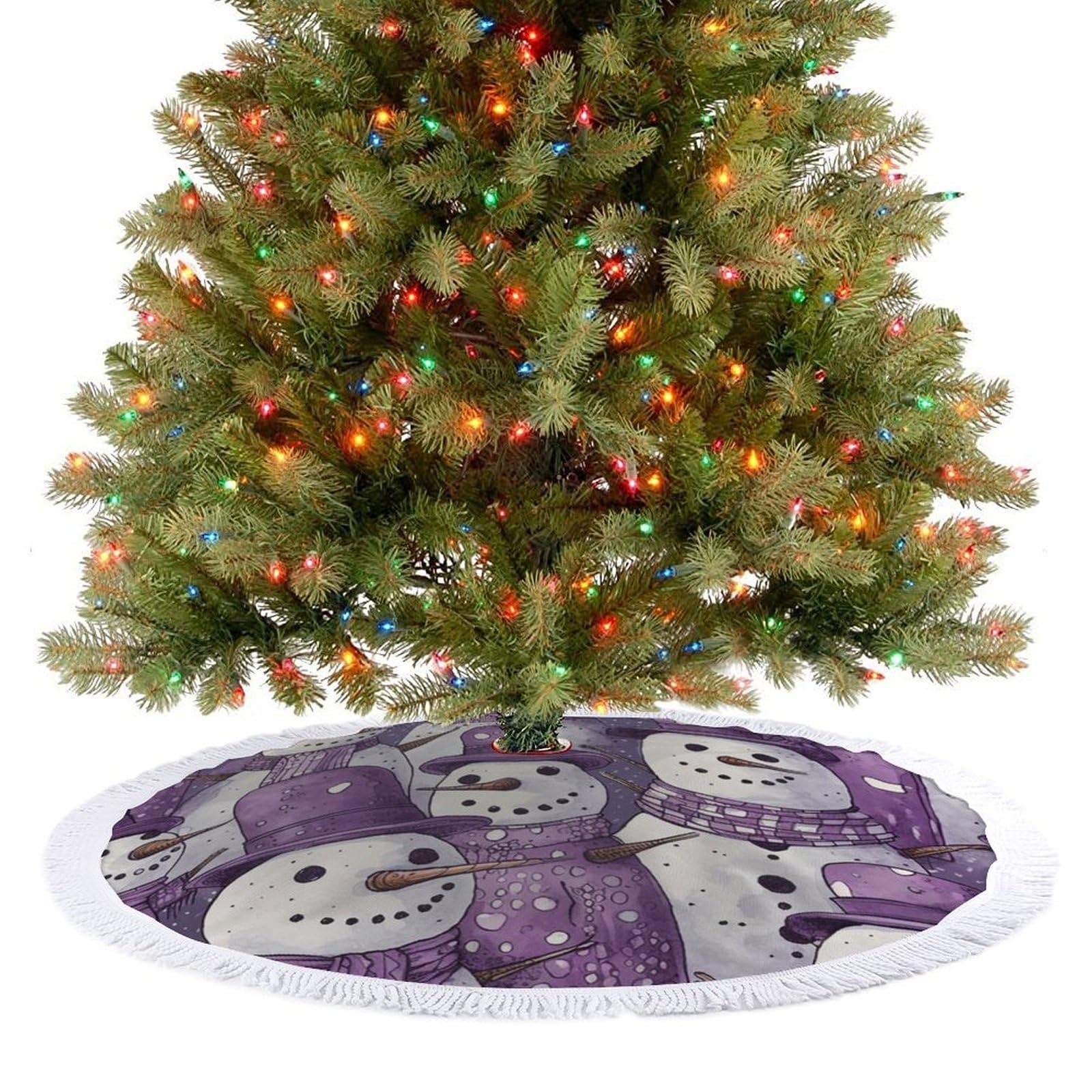 Purple Snowman Pattern Christmas Tree Skirt 48"x48" Rustic Xmas Tree Mat with Tassel Ornament Christmas Trees Cover Skirt Mat for Evergreen Trees Ornament Winter Holiday Mats Decorations
