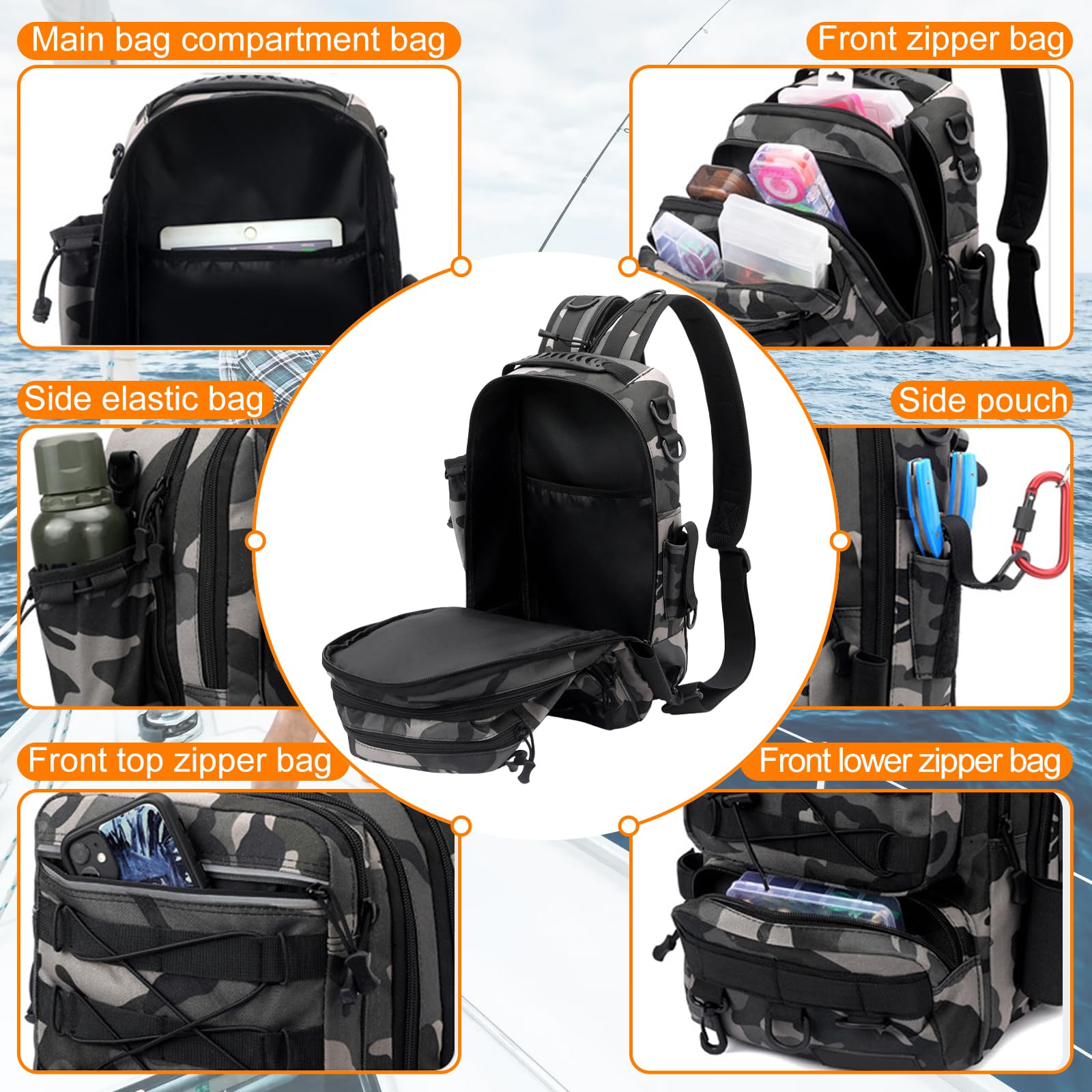 Dokeno Sac à Dos de Pêche, Multiple Pockets Sac de Pêche, Sac à Dos de Chasse et de Pêche, Sac à Dos d'accessoires de Pêche pour Support de Canne à Pêche, Cadeaux de Pêche pour Homme et Femme