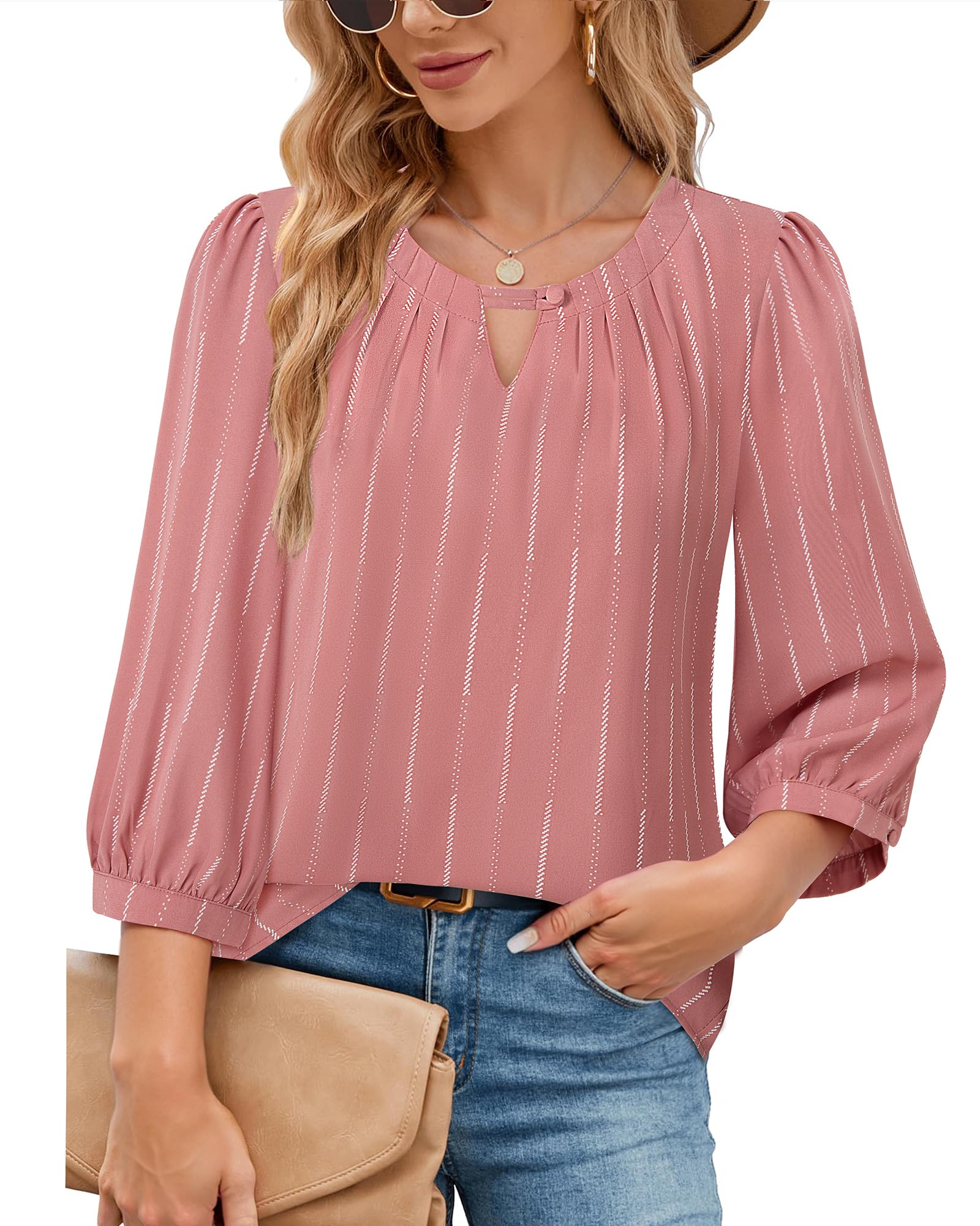 VALOLIA Damen 3/4-Ärmel, elegante Blusen, Hemden, Business, Freizeit, Arbeit, Chiffon, Tunika, Tops