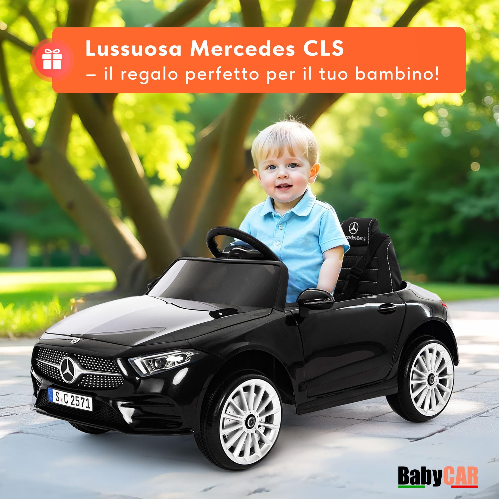 BabyCar Mercedes CLS 350 AMG | Macchina elettrica per bambini 12V 2x25W | Auto elettrica per bambini telecomandata, sedile pelle, porte apribili, MP3/USB | Licenza ufficiale | Nera | Occhiali-Targa