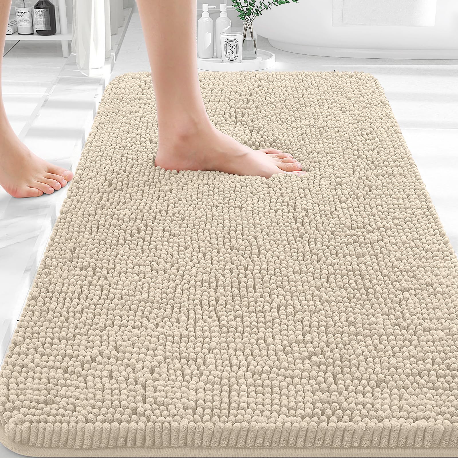 OLANLY Bathroom Rugs 35x24, Extra Soft Absorbent Chenille Bath Rugs | Sand, Quick-Drying Rubber Backing, Machine Washable Bath Mat for Bathroom Floor, Tub and Shower, Home Decor Accessories