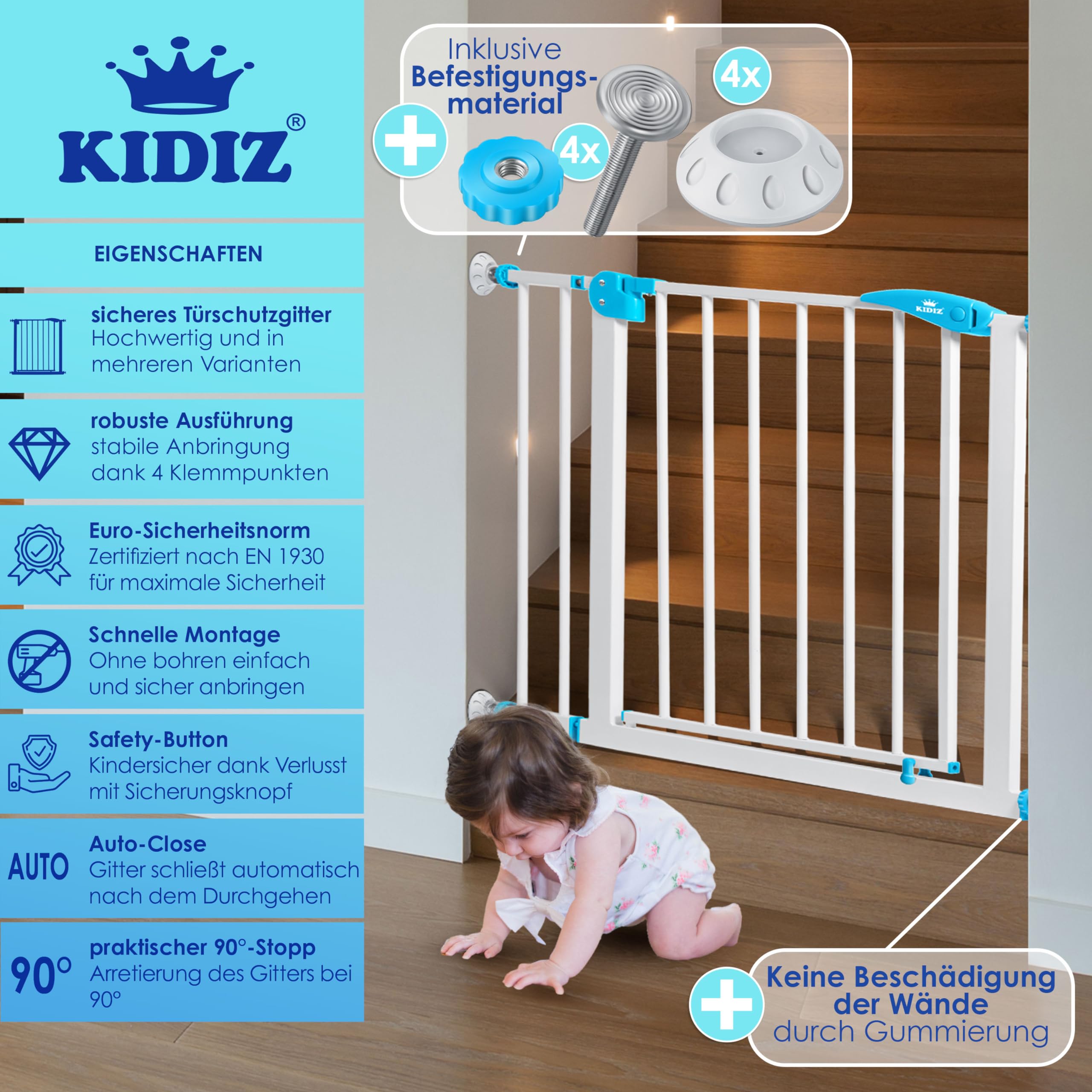 KIDIZ® Griglia di protezione per porte e scale, per bambini, senza forature, orientabile su entrambi i lati,