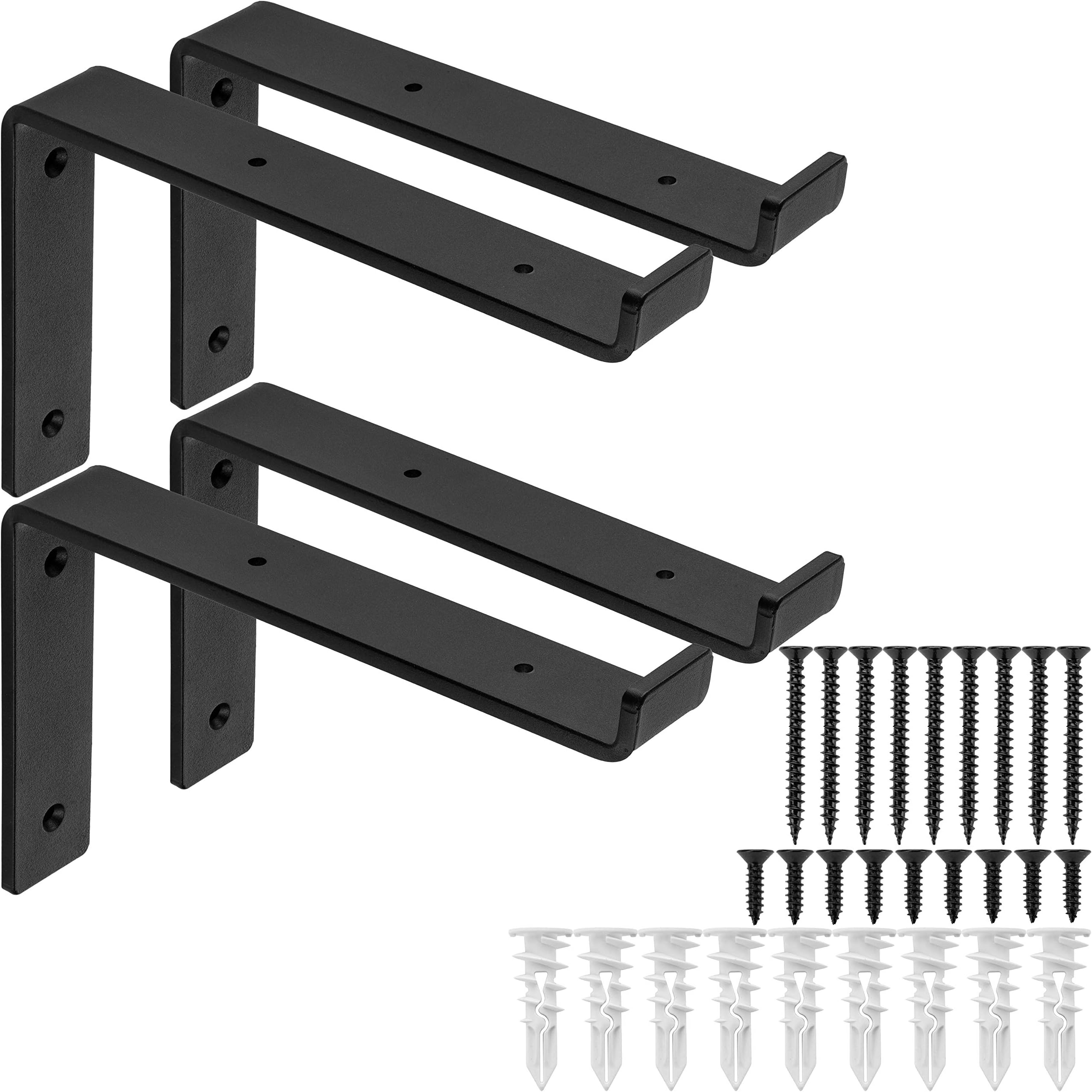 Shelf Brackets 4-Pack - Heavy Duty Rustic Industrial Farmhouse Iron Metal Wall Floating Brace Support with Lip for DIY Open Shelving - Includes Hardware - Multiple Sizes Available (9.25")