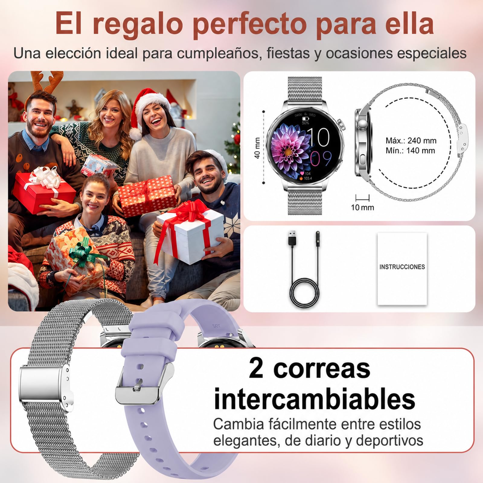 Reloj Inteligente Mujer Pequeño Redondo con Llamadas, 1,27" HD, 2 Correas