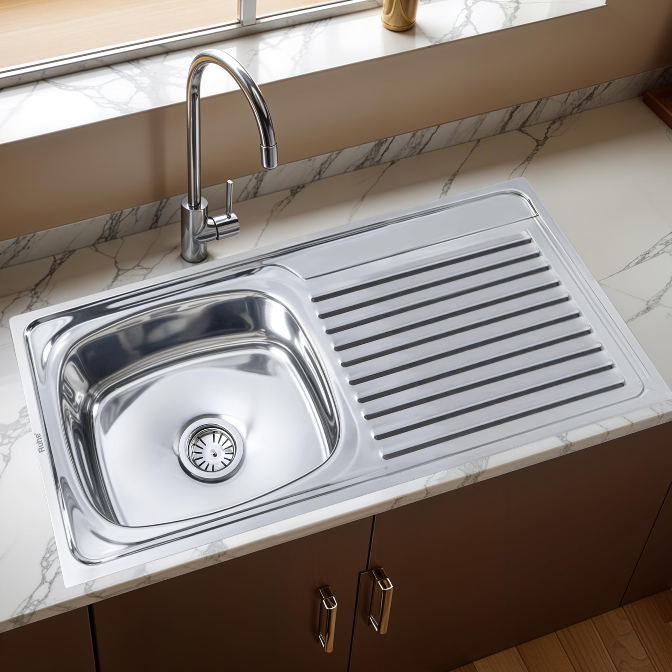 Oval Single Bowl with Drainboard Kitchen Sink - 37x18x8 inches | Premium Stainless Steel Sink with Glossy Finish | Kitchen Sink Including Coupling and Waste Pipe