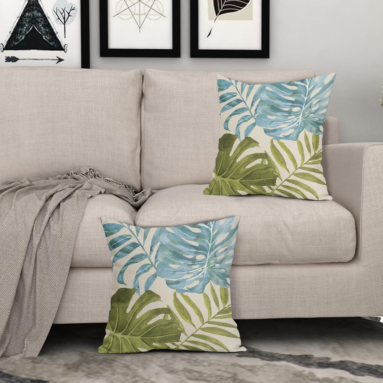 ヤシの葉 枕カバー 18x18インチ 2枚セット モダン 水彩画 熱帯の葉 ライトブルー グリーン 装飾 屋外 スロー ピロー 夏