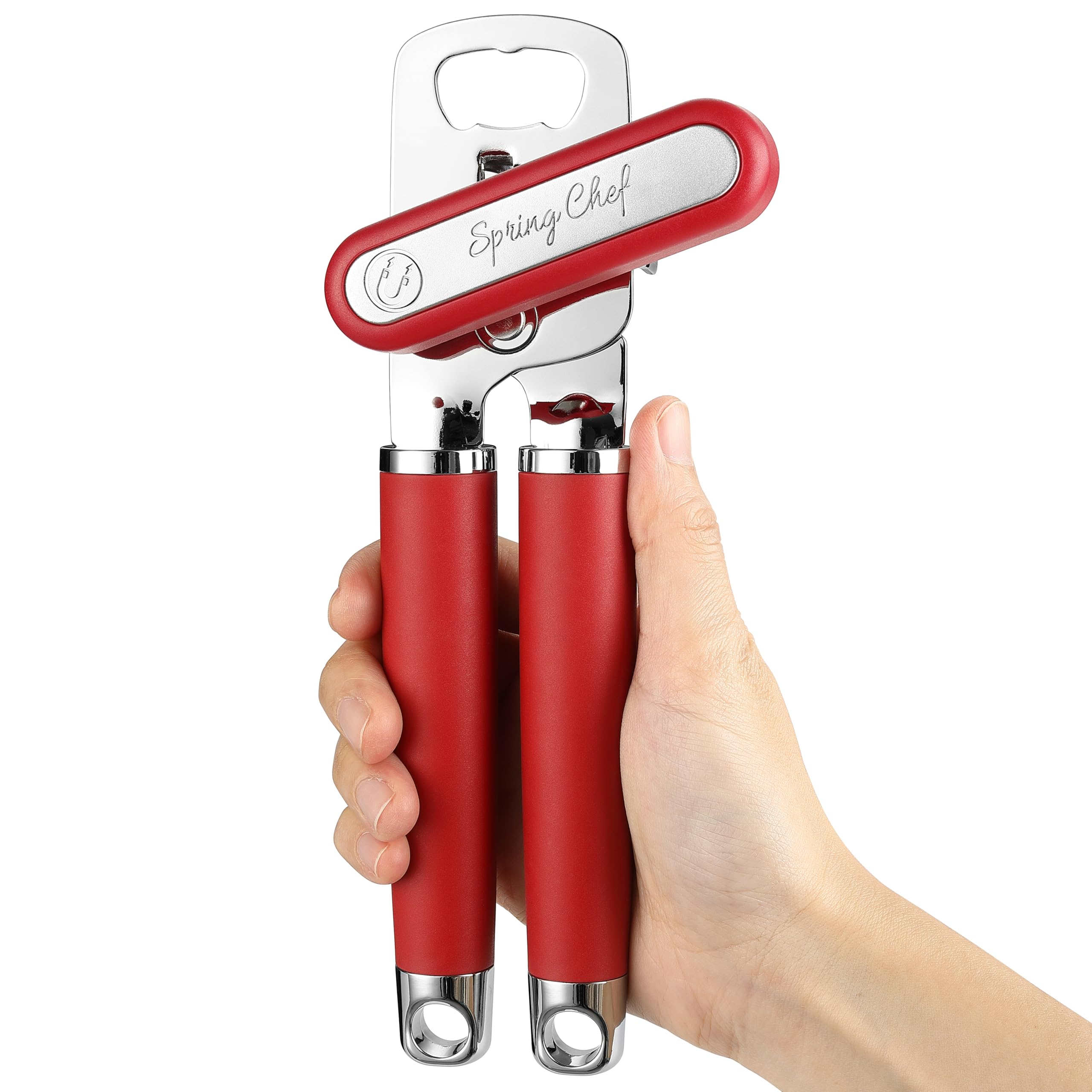 Spring Chef Stainless Steel Manual Can Opener with Soft Grip Handles, Red