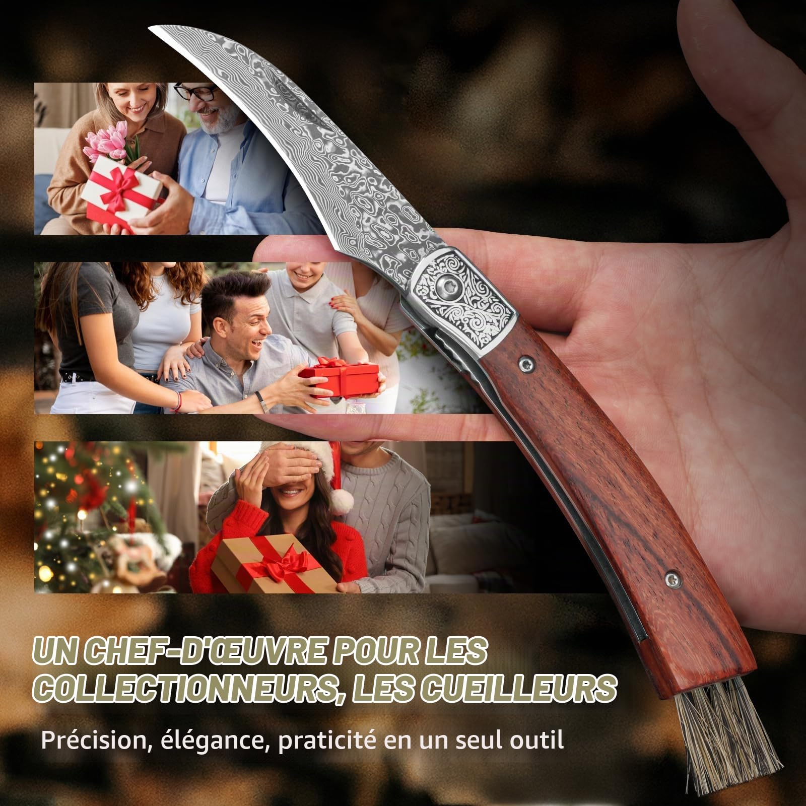 DRACHENADER Couteau Champignon Damas avec Brosse Intégrée, Couteau à Champignon Pliant Forgé à la Main avec Liner Lock, Idéal pour la Cueillette des Champignons